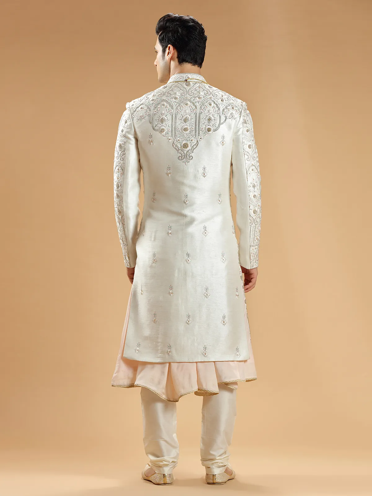 Off white raw silk groom sherwani