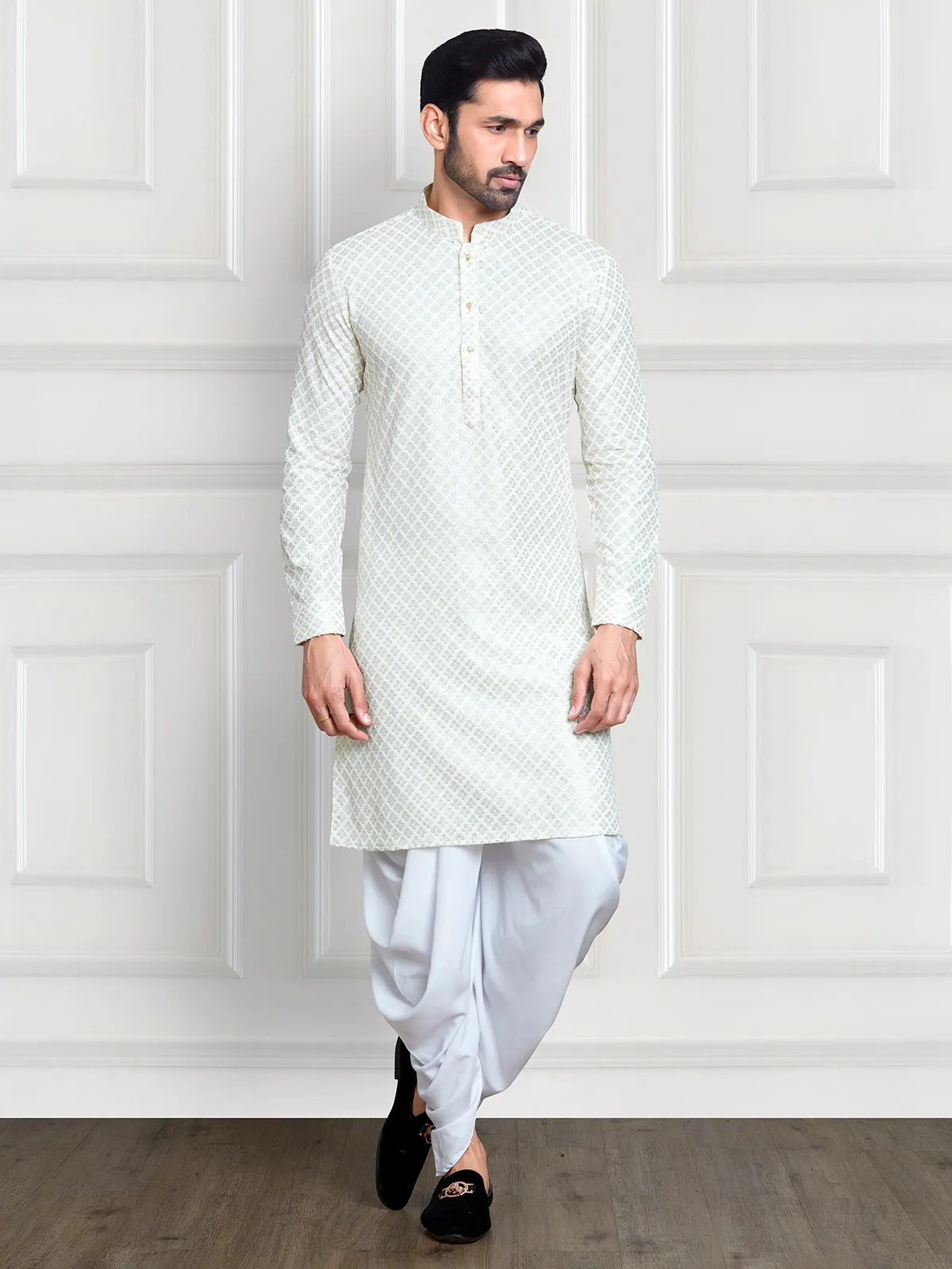 Off white rayon cotton embroidery  Men Kurta pajama