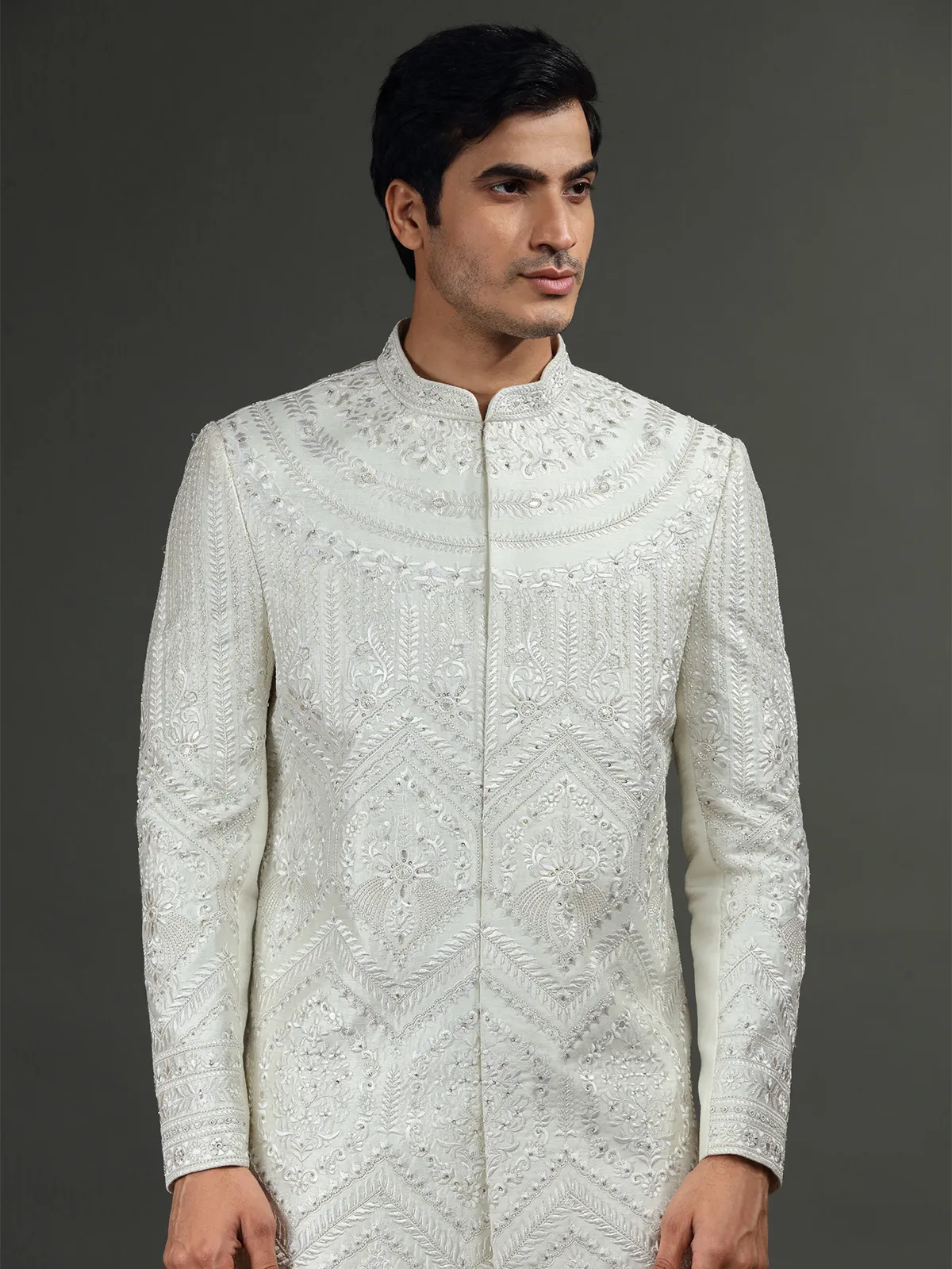 Off white silk embroidery sherwani