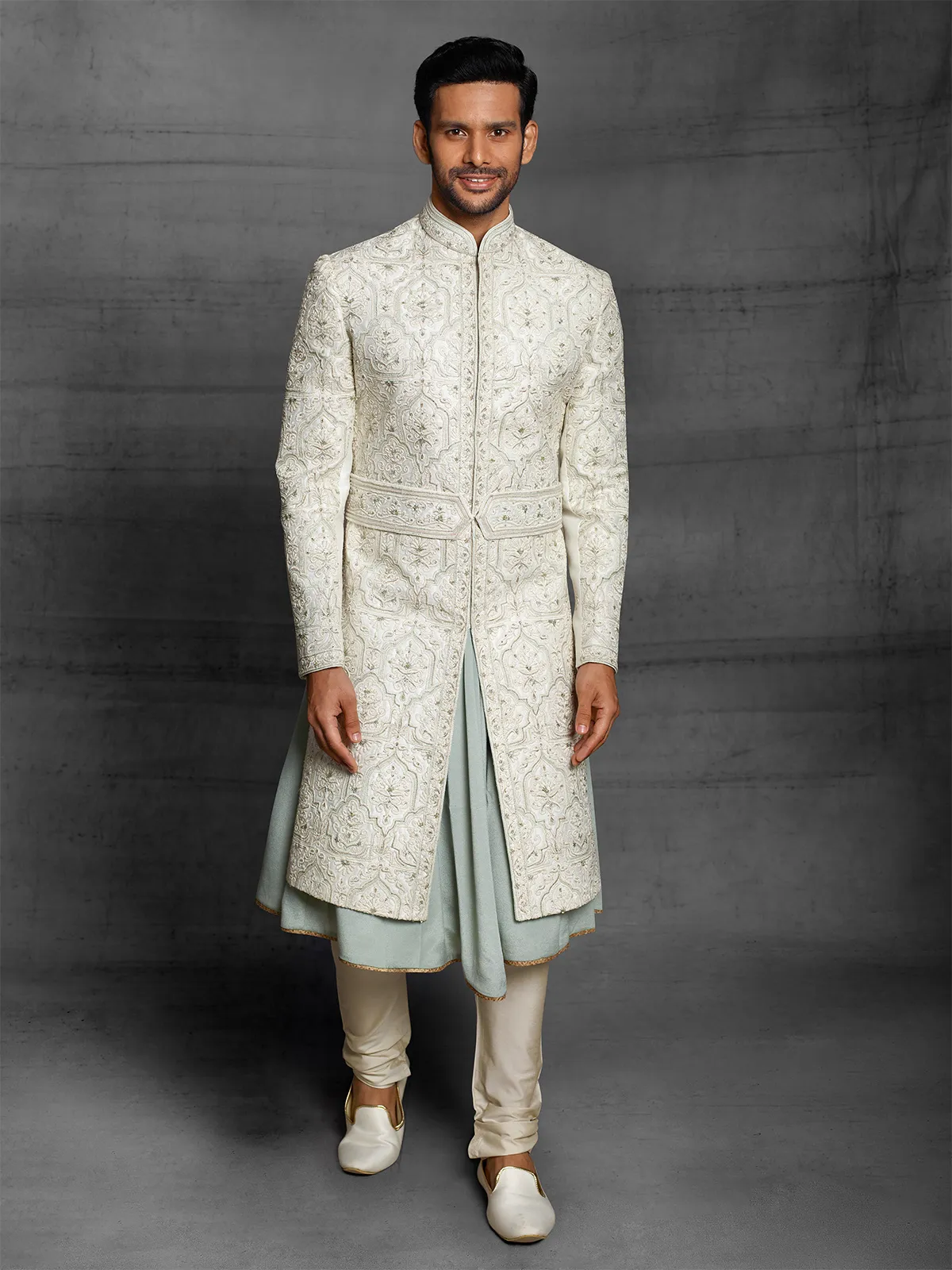 Off white silk sherwani for mens