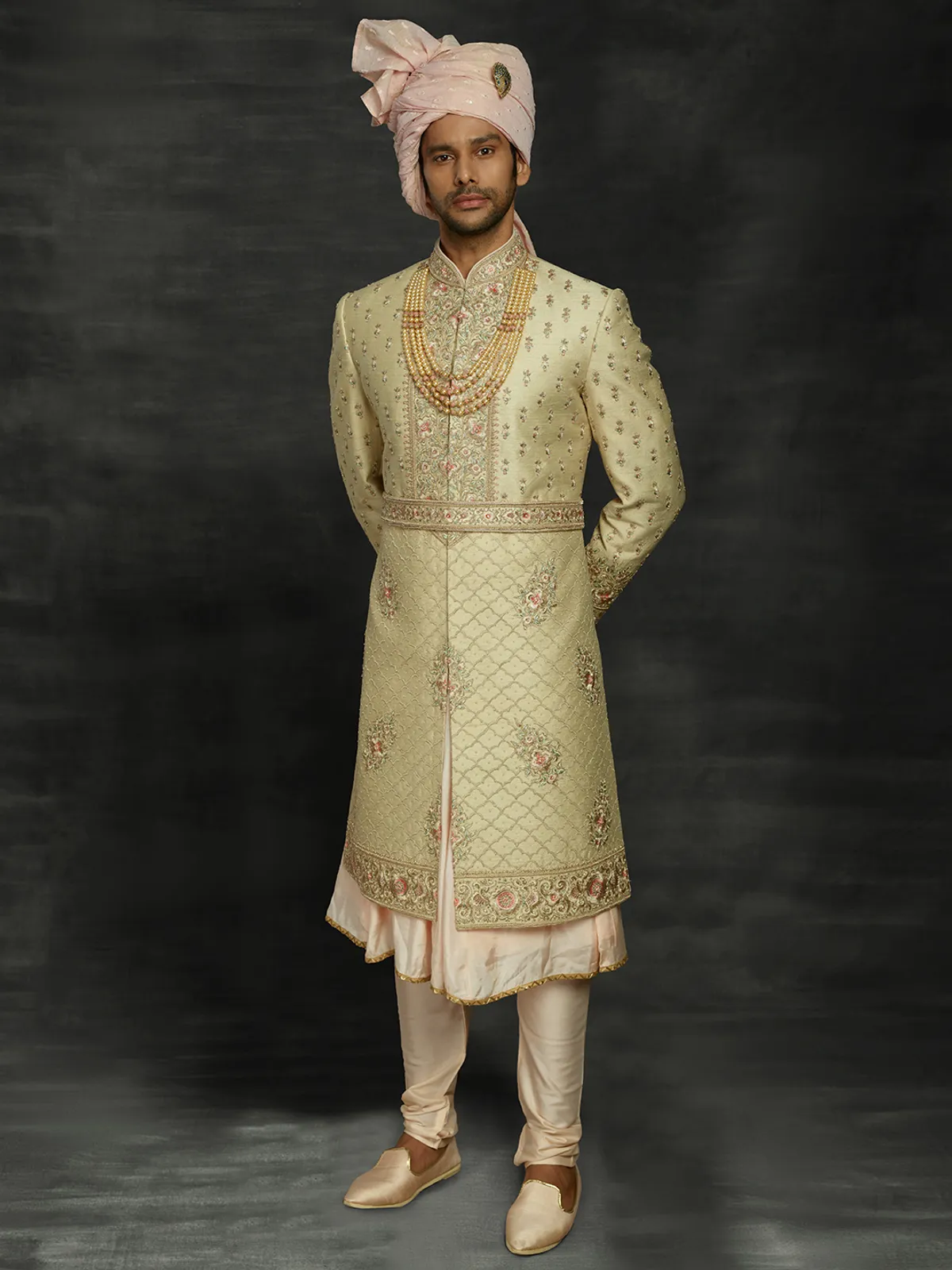 Gold silk wedding mens sherwani