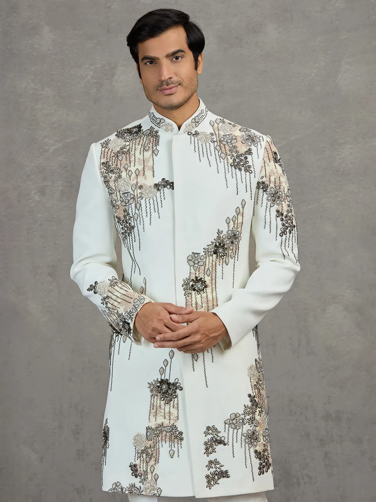 Off-white terry rayon wedding indowestern set with intricate detailing