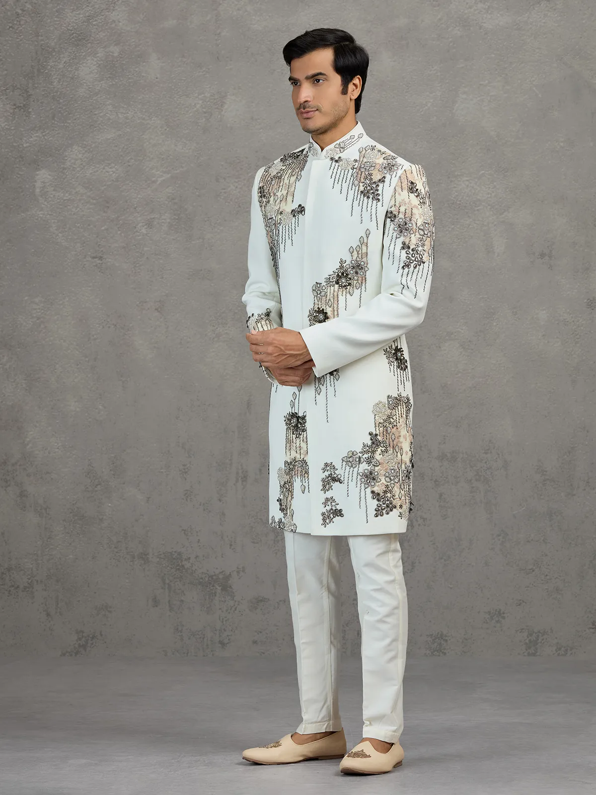 Off-white terry rayon wedding indowestern set with intricate detailing