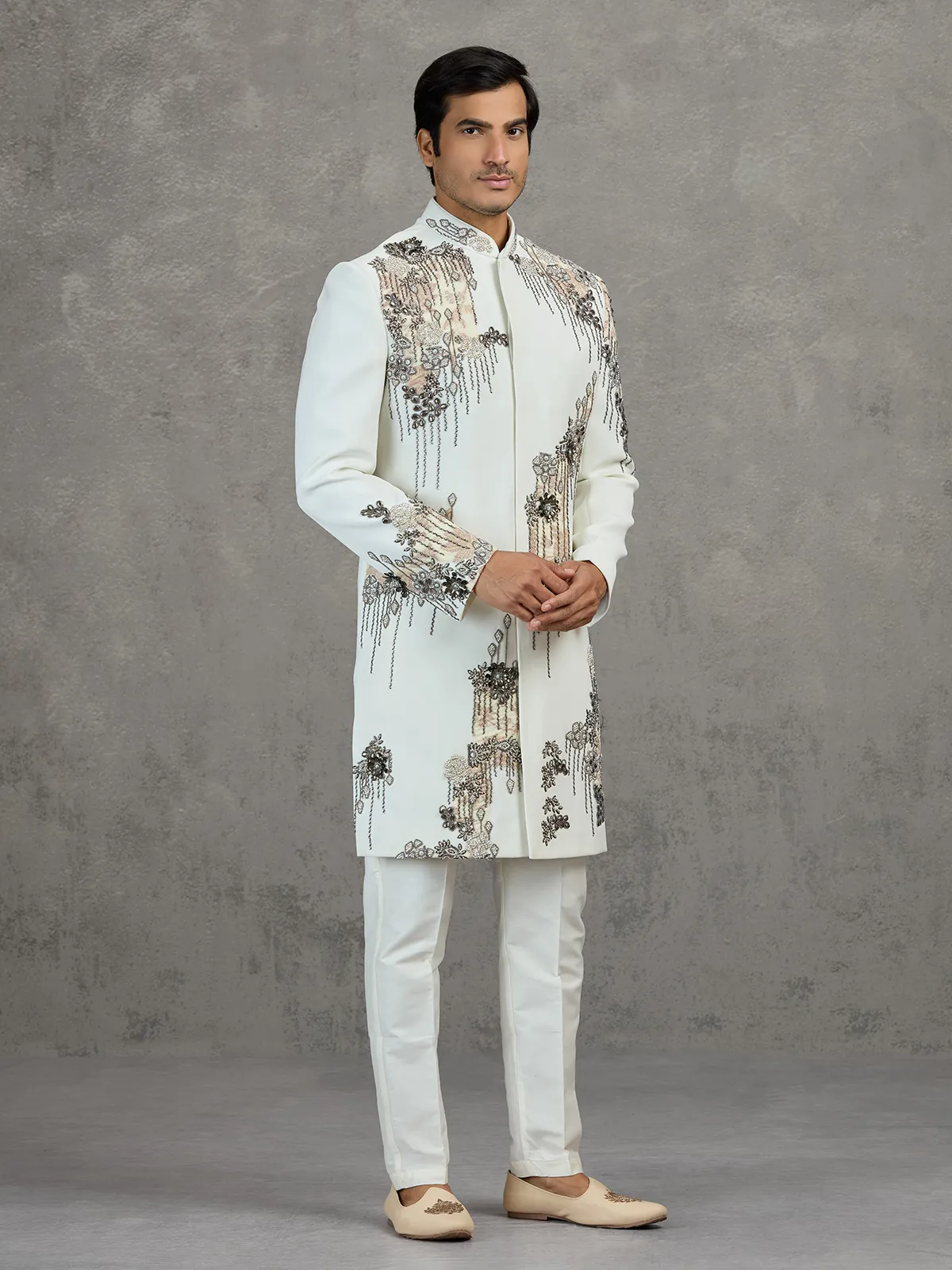 Off-white terry rayon wedding indowestern set with intricate detailing