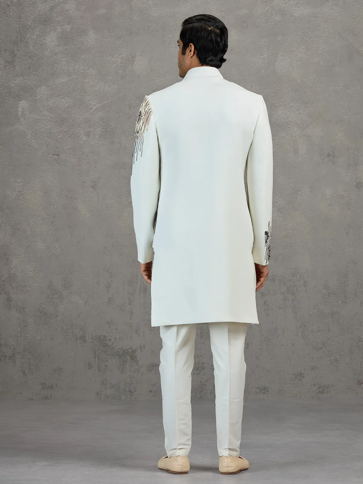 Off-white terry rayon wedding indowestern set with intricate detailing