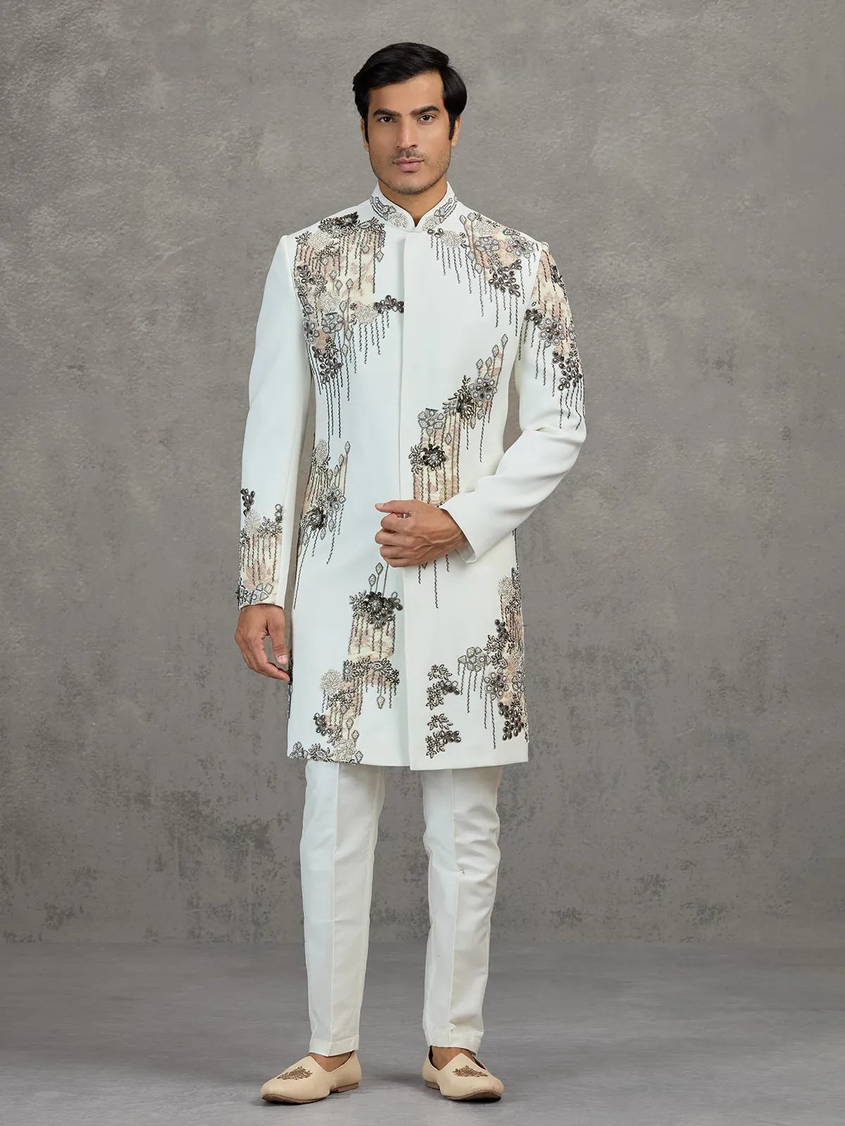 Off-white terry rayon wedding indowestern set with intricate detailing