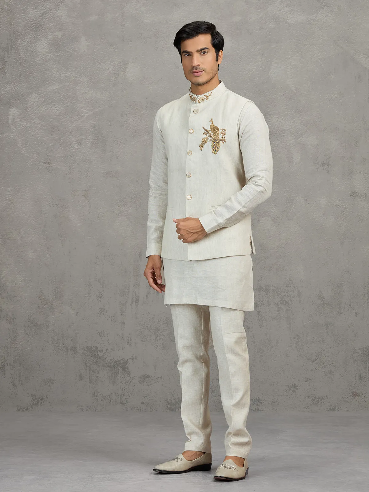Off white textured linen waistcoat set for men
