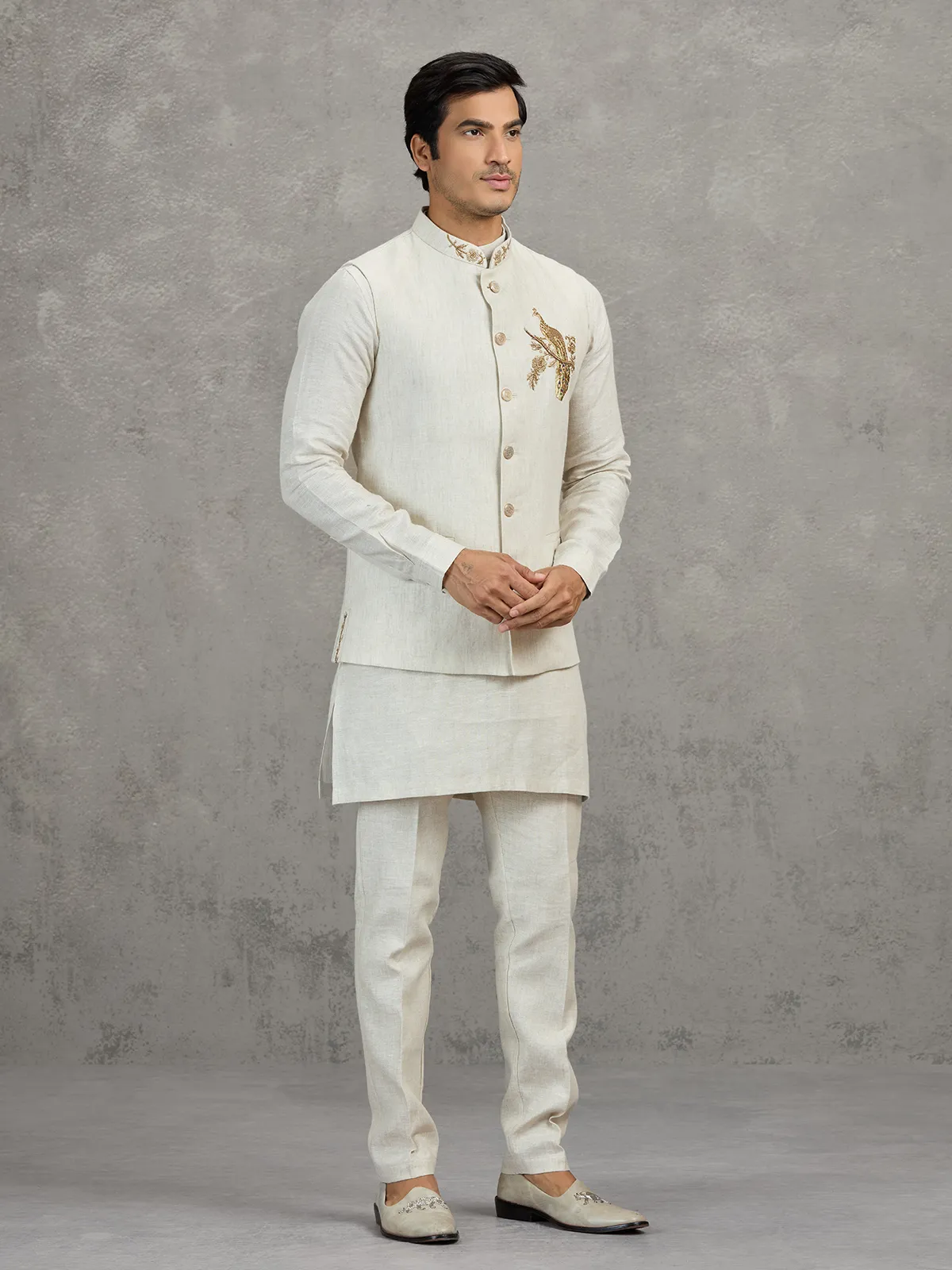 Off white textured linen waistcoat set for men