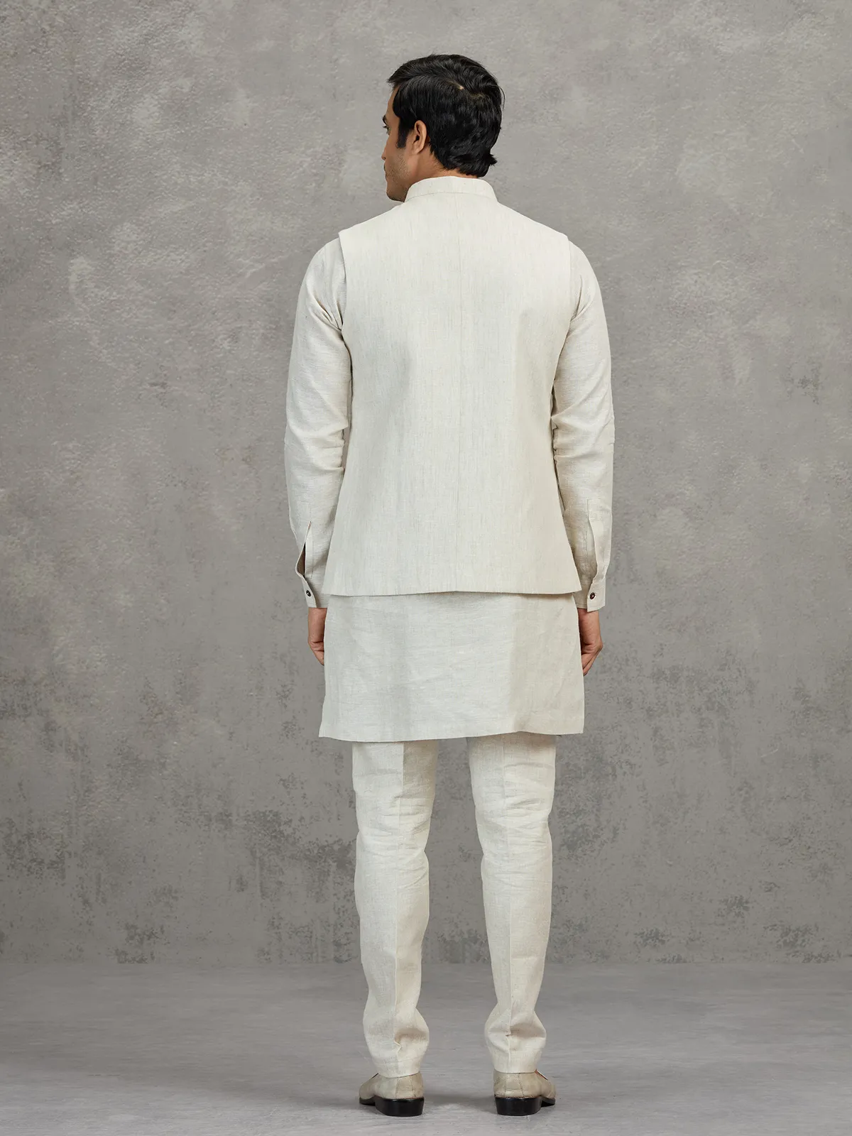 Off white textured linen waistcoat set for men