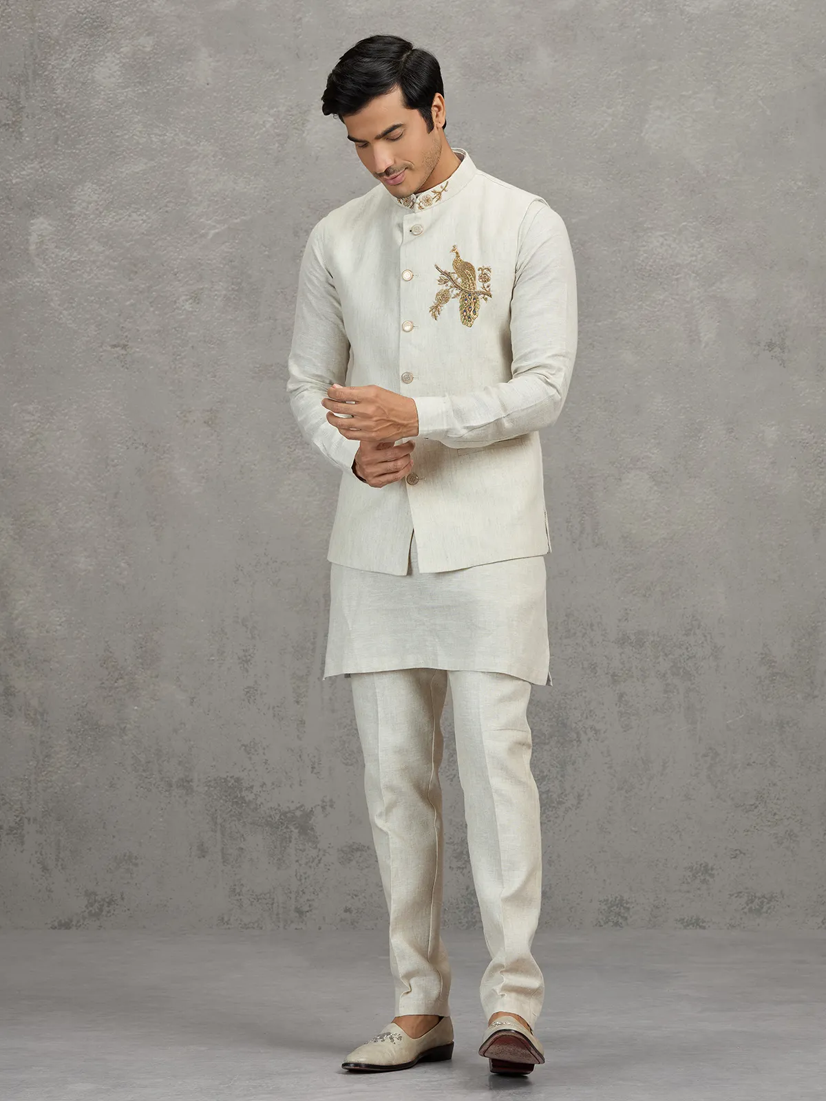 Off white textured linen waistcoat set for men