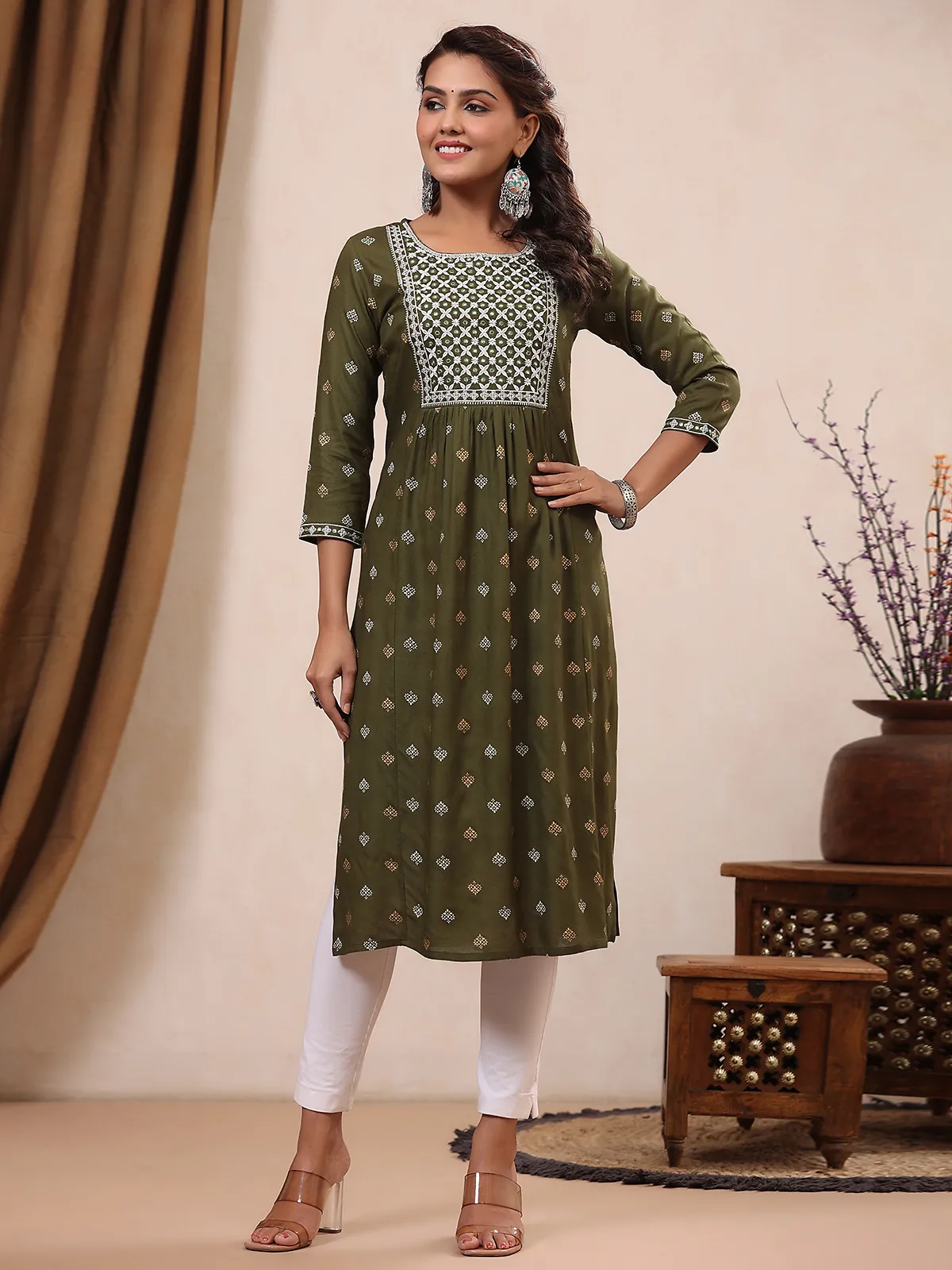 Olive cotton printed kurti