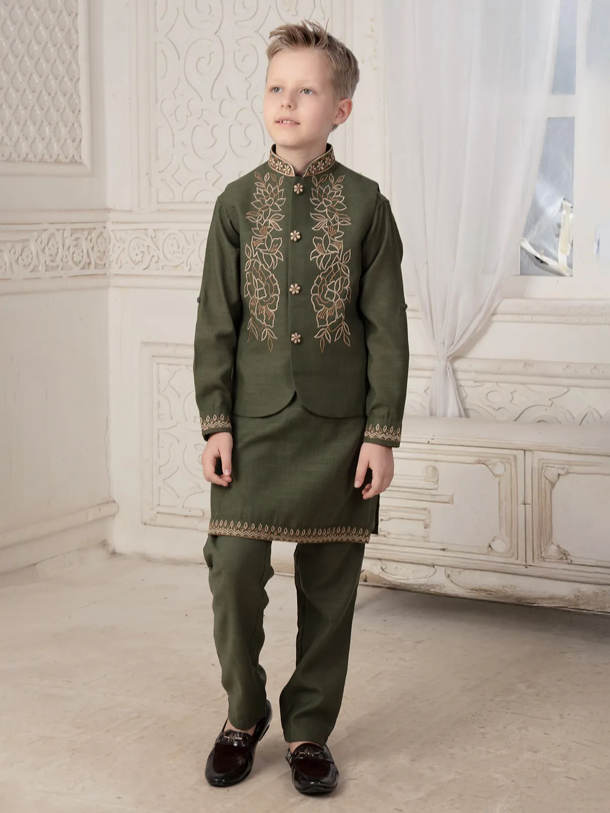 Olive cotton silk waistcoat set for graceful celebrations