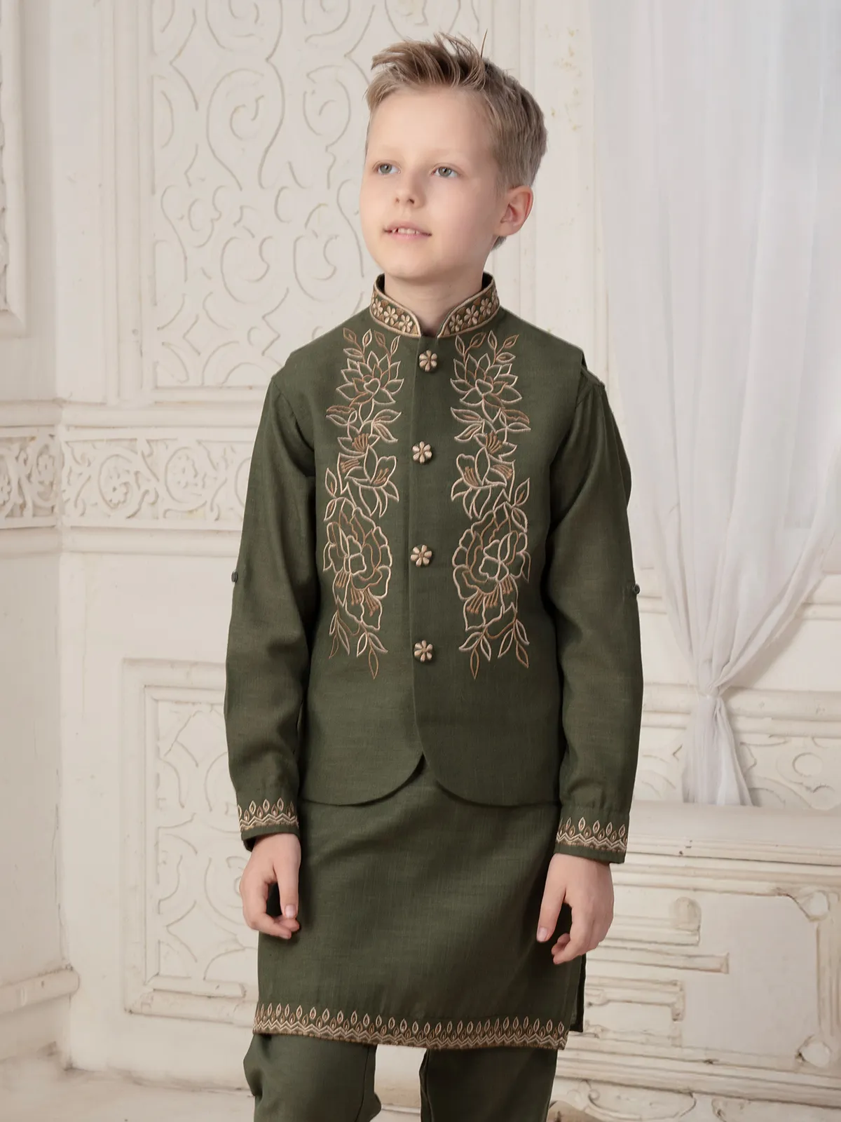 Olive cotton silk waistcoat set for graceful celebrations