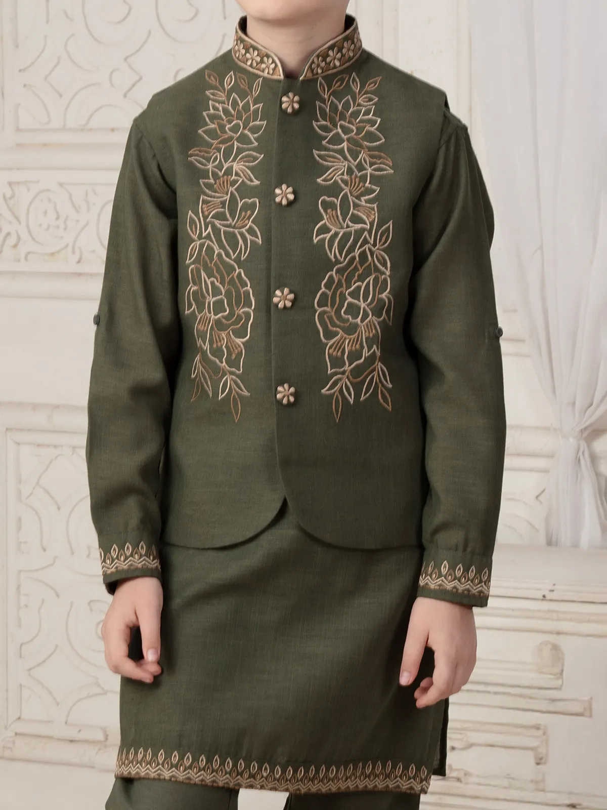 Olive cotton silk waistcoat set for graceful celebrations