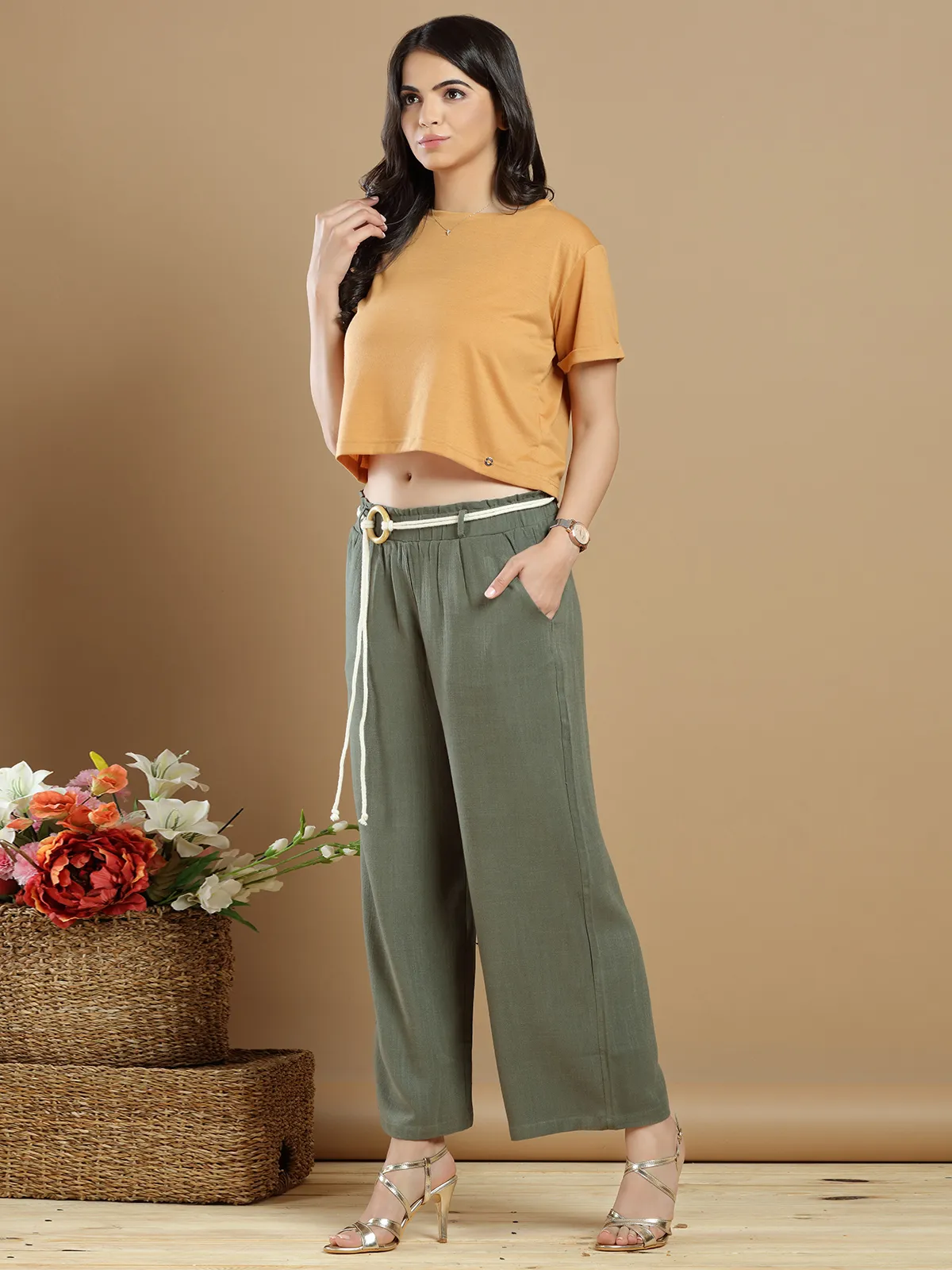 Olive green linen casual look palazzo pant