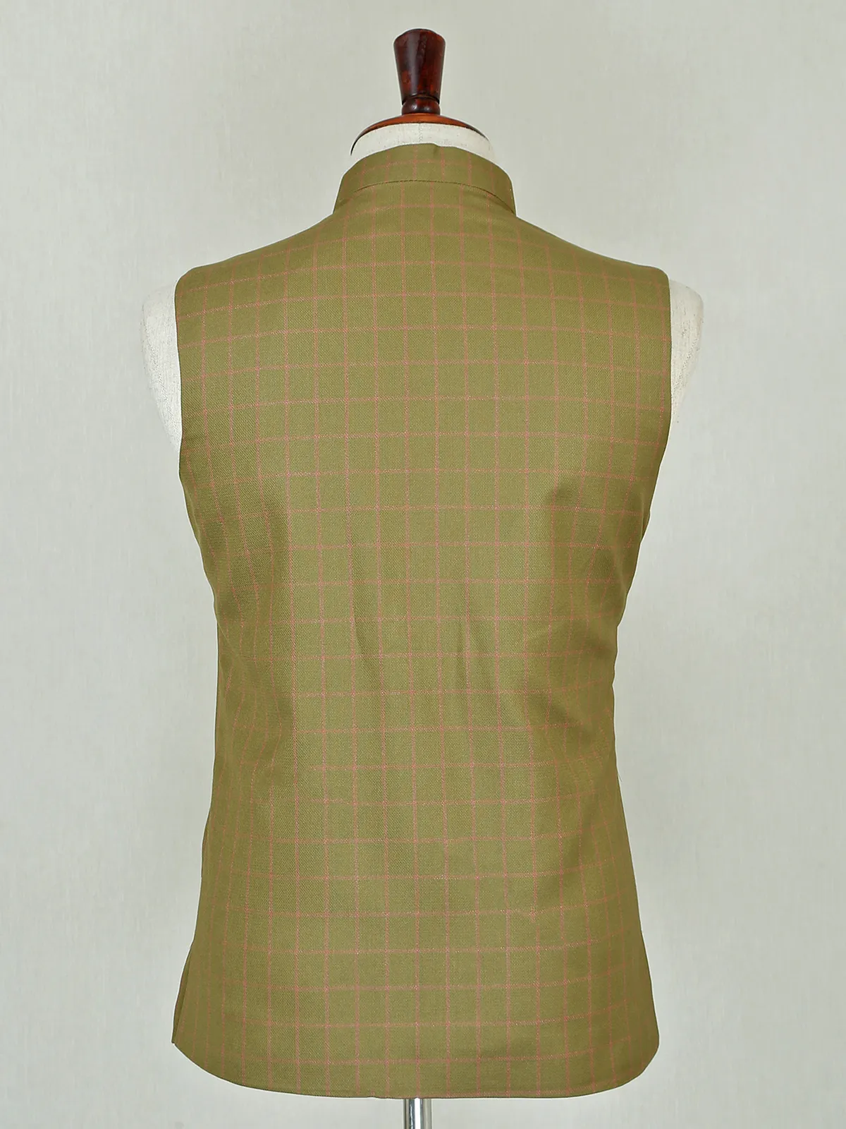 Olive hued checked waistcoat in cotton silk