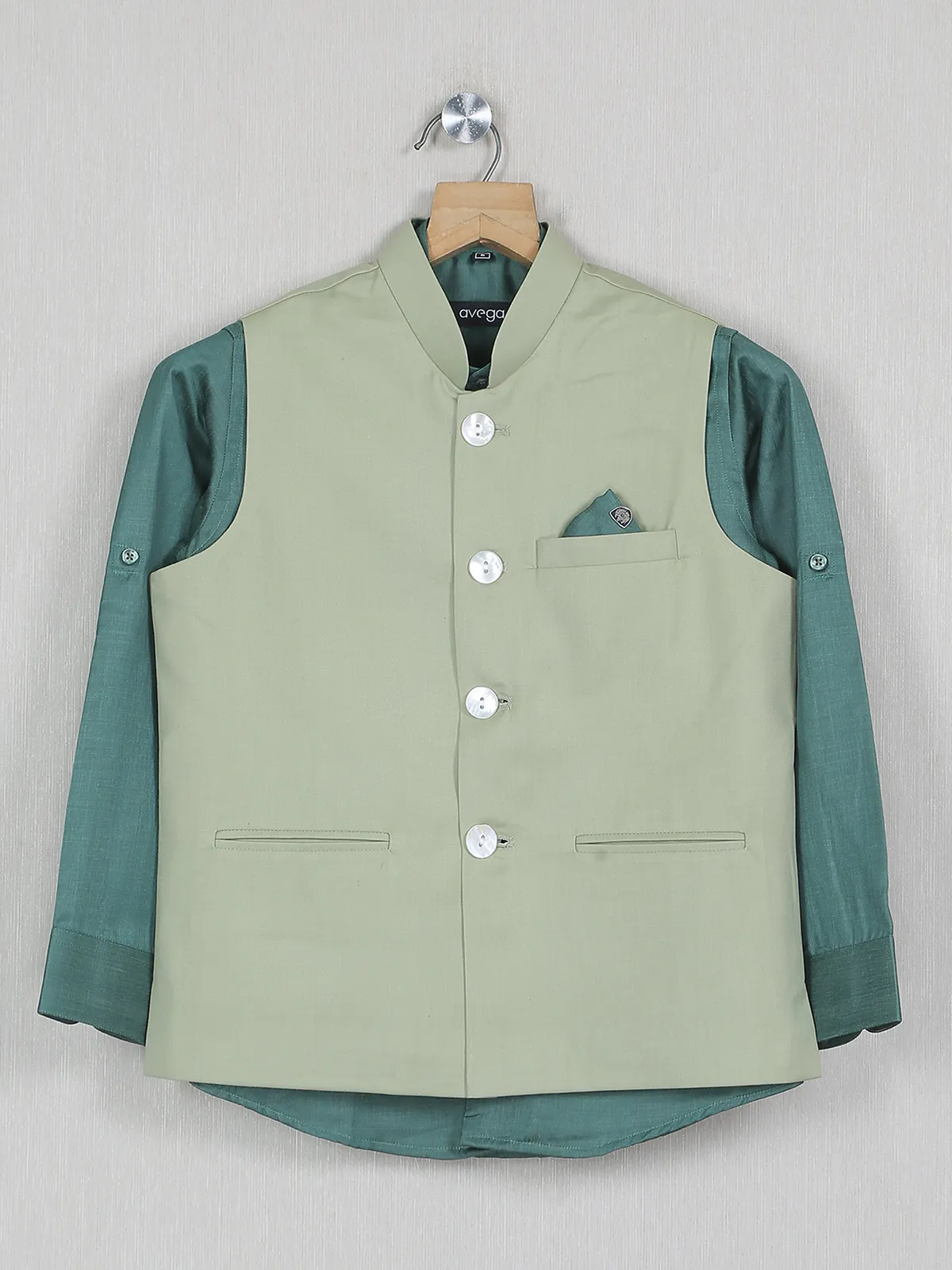 Olive hued plain waistcoat shirt for boys in terry rayon