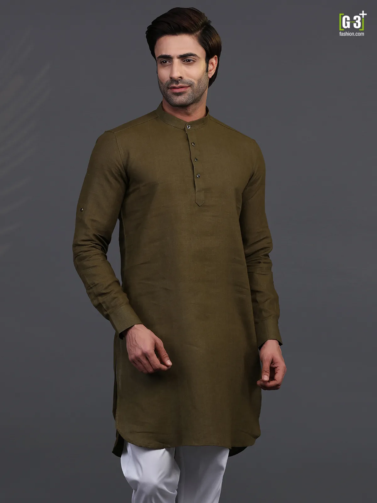 Olive linen kurta for festive days