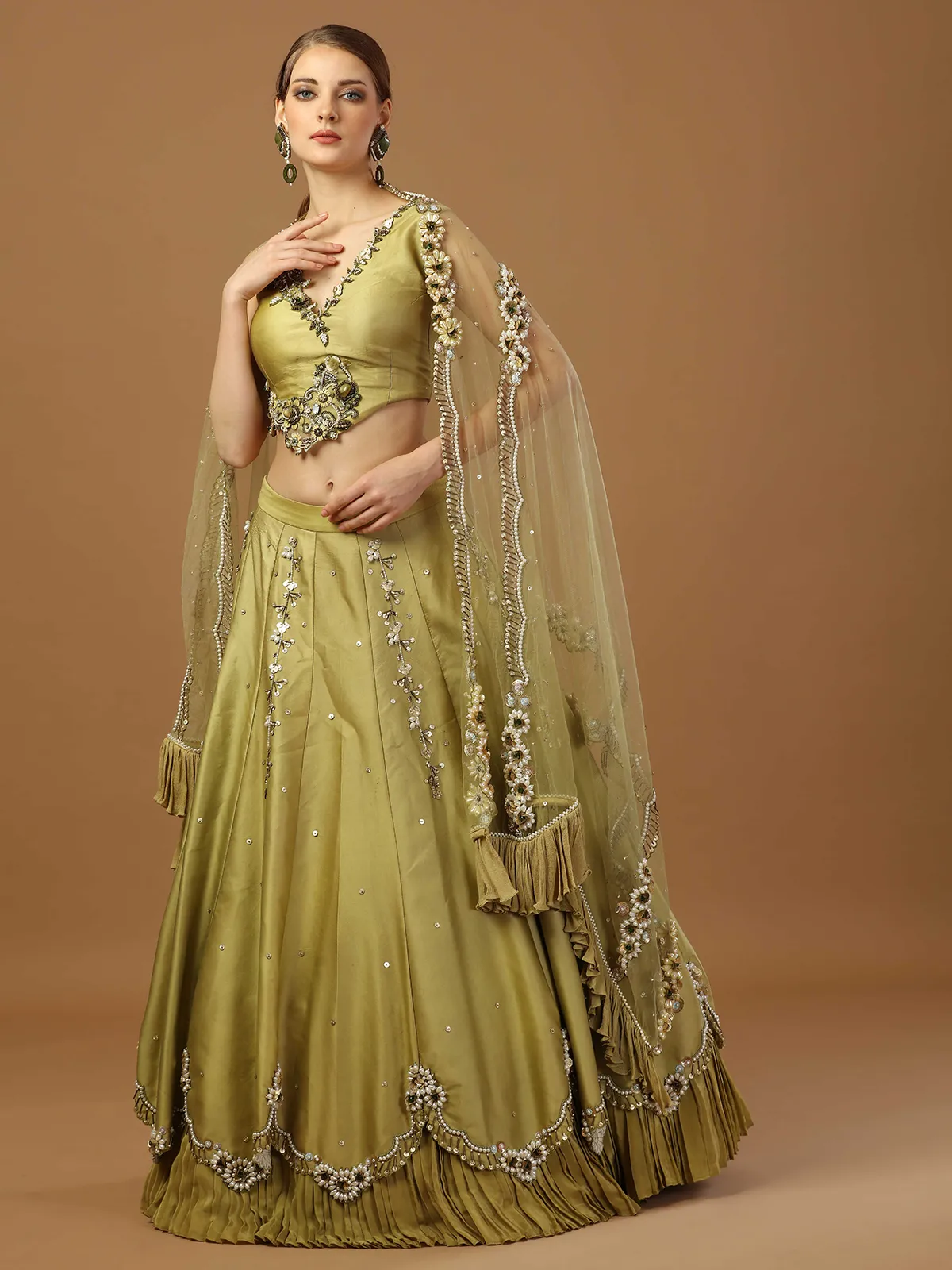 Olive modal satin lehenga choli