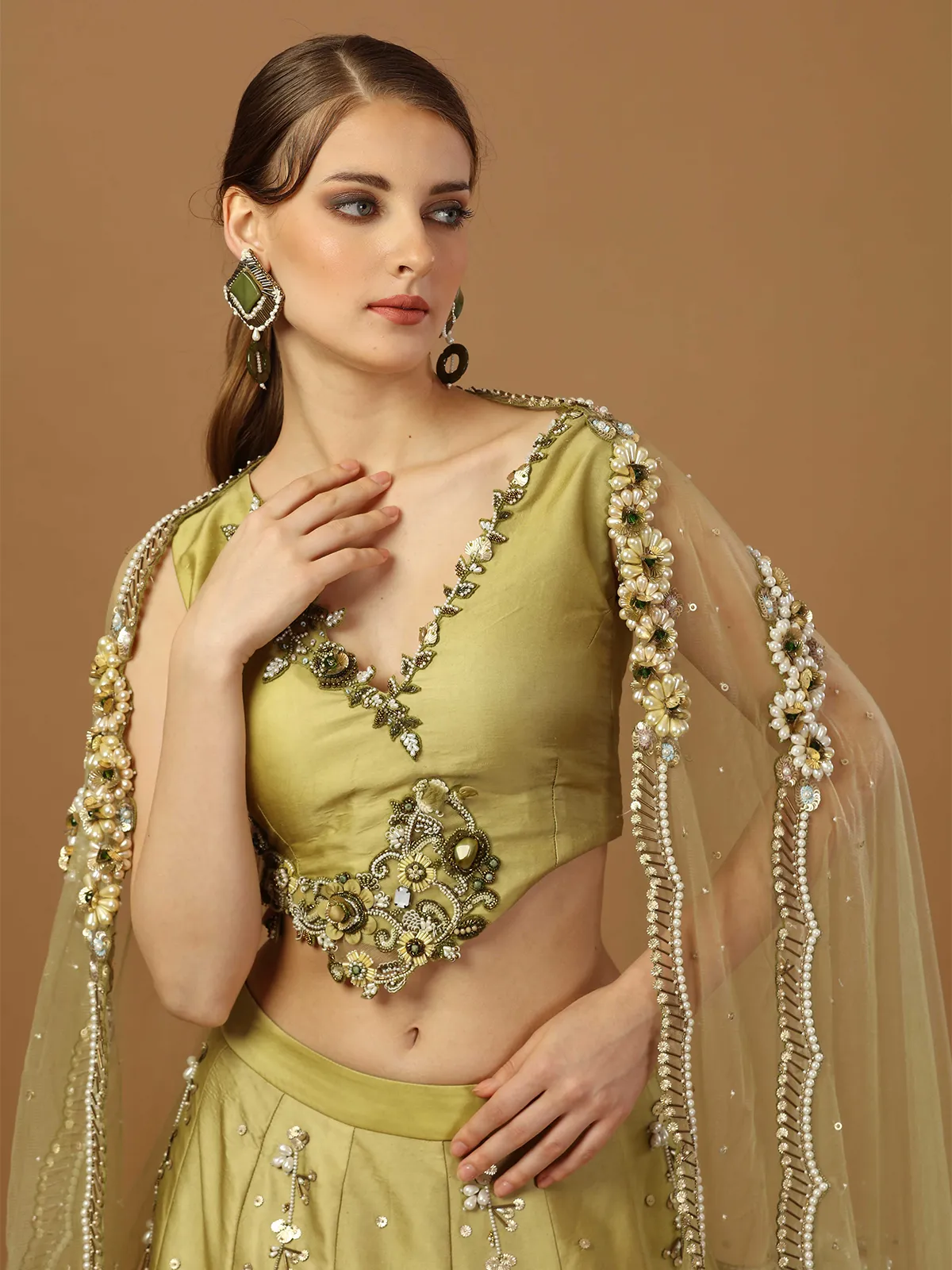 Olive modal satin lehenga choli