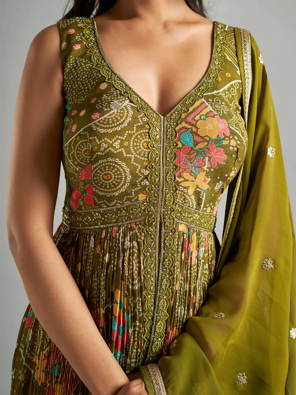 Olive printed front slit salwar suit