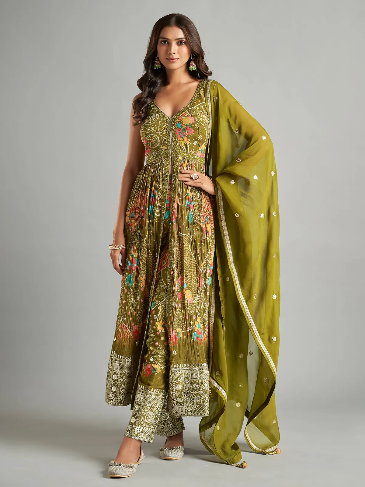 Olive printed front slit salwar suit