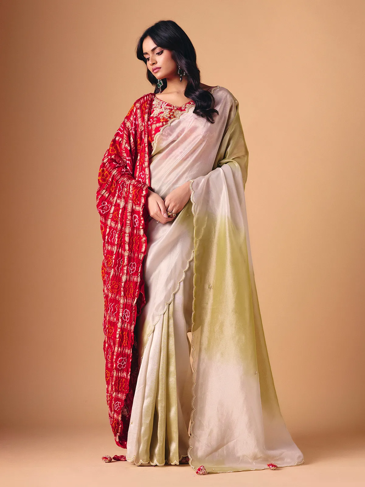 Olive shaded tissue silk saree with dupatta