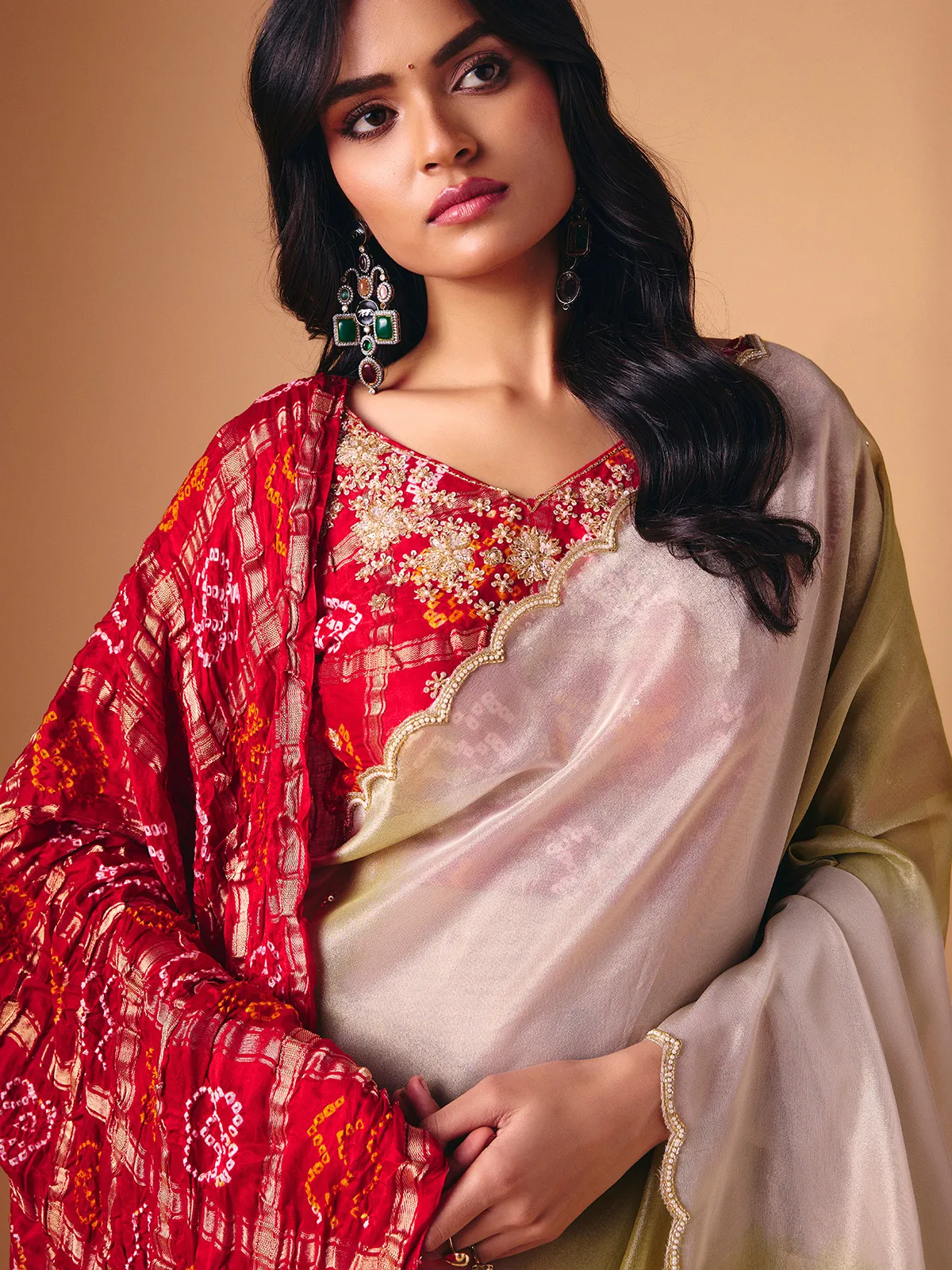 Olive shaded tissue silk saree with dupatta