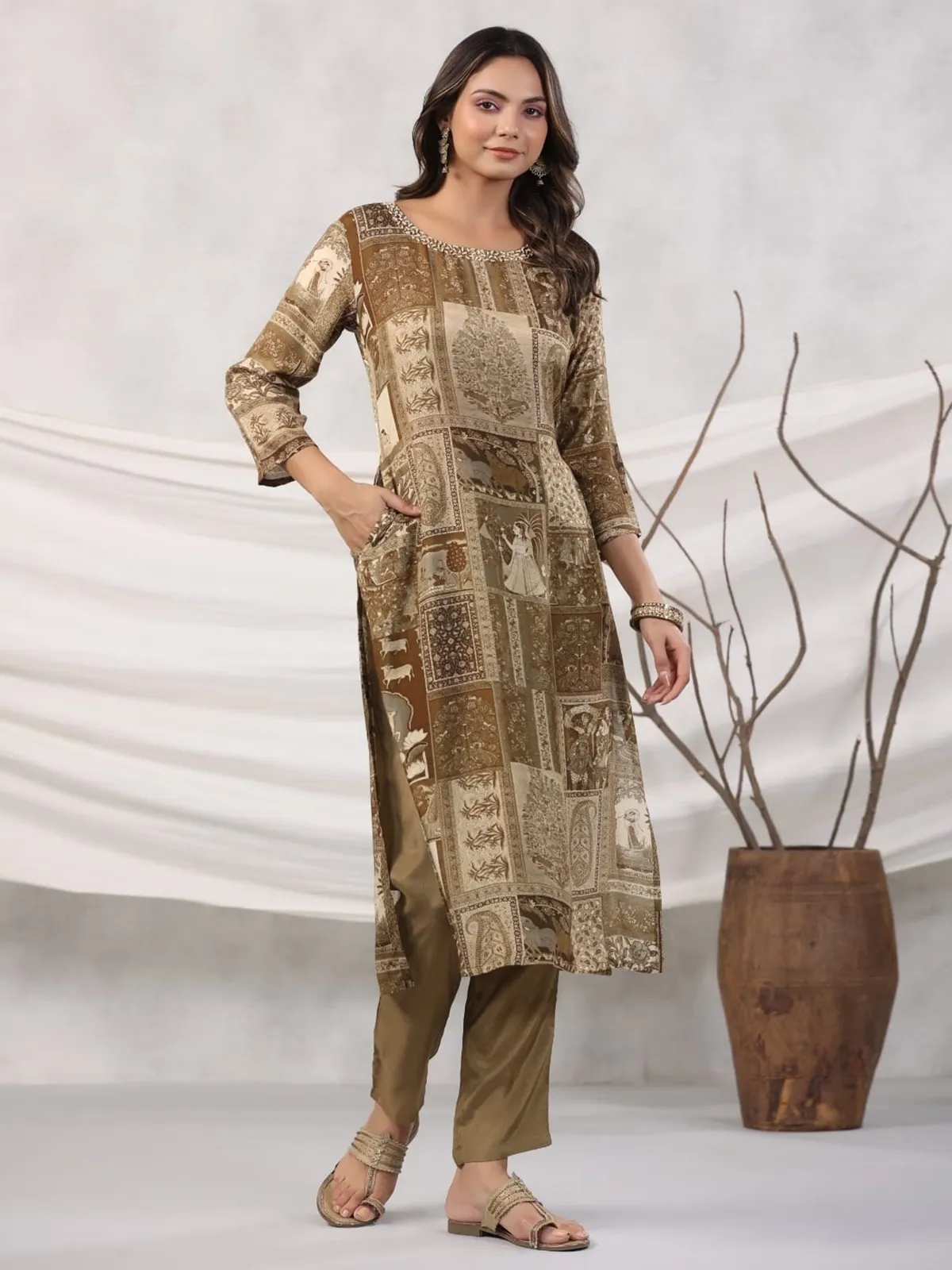 Olive silk printed kurti with pant