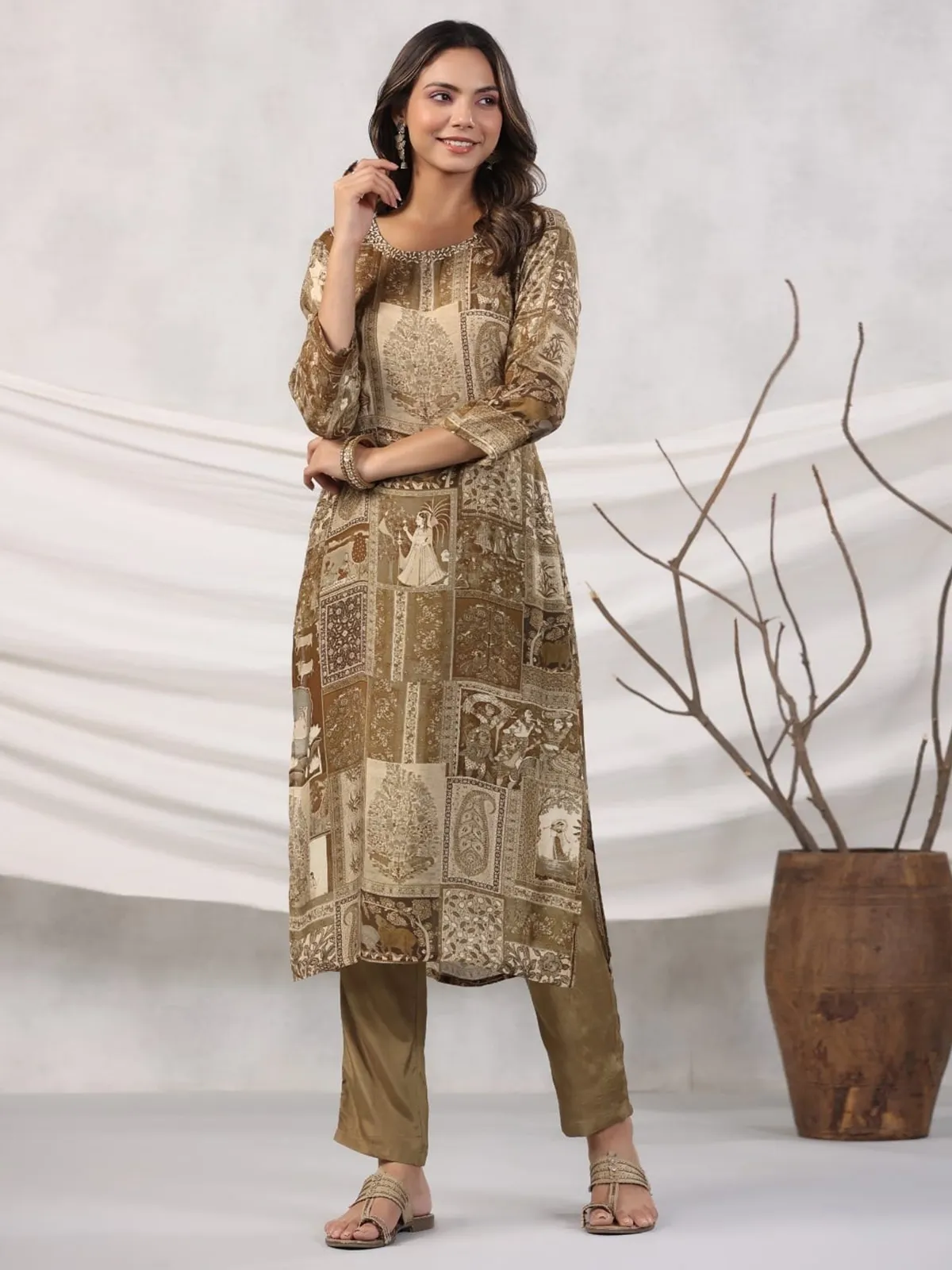 Olive silk printed kurti with pant