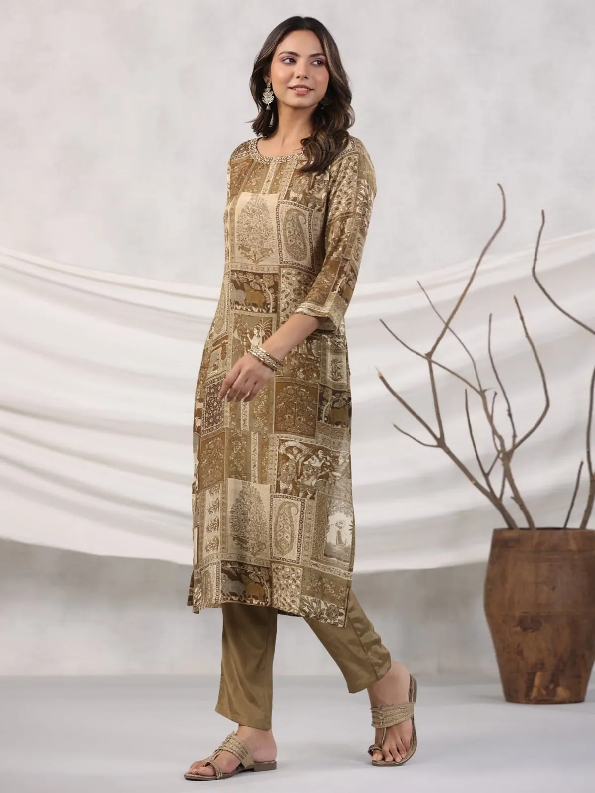 Olive silk printed kurti with pant