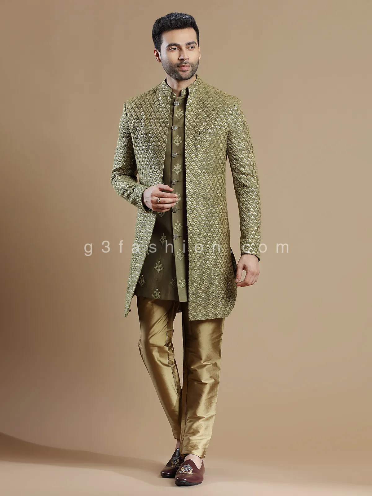 Olive silk wedding indowestern