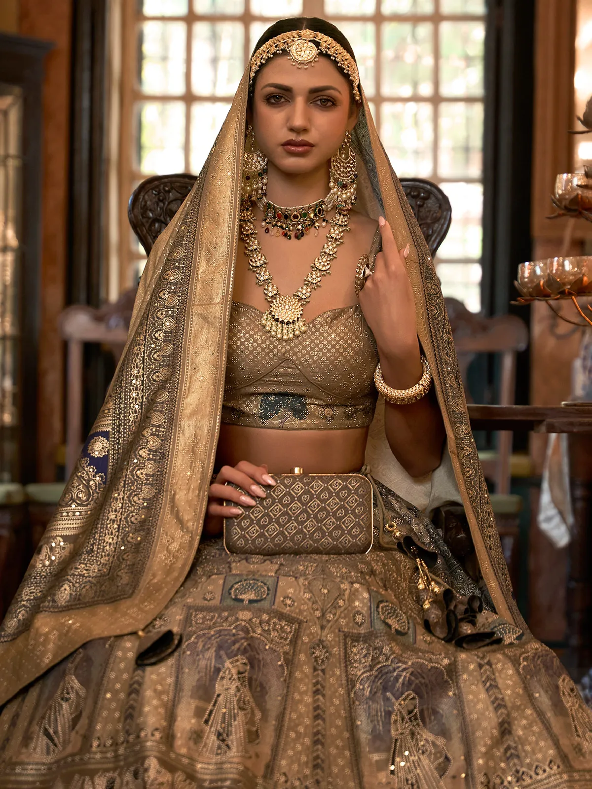 Olive wedding printed lehenga choli in silk