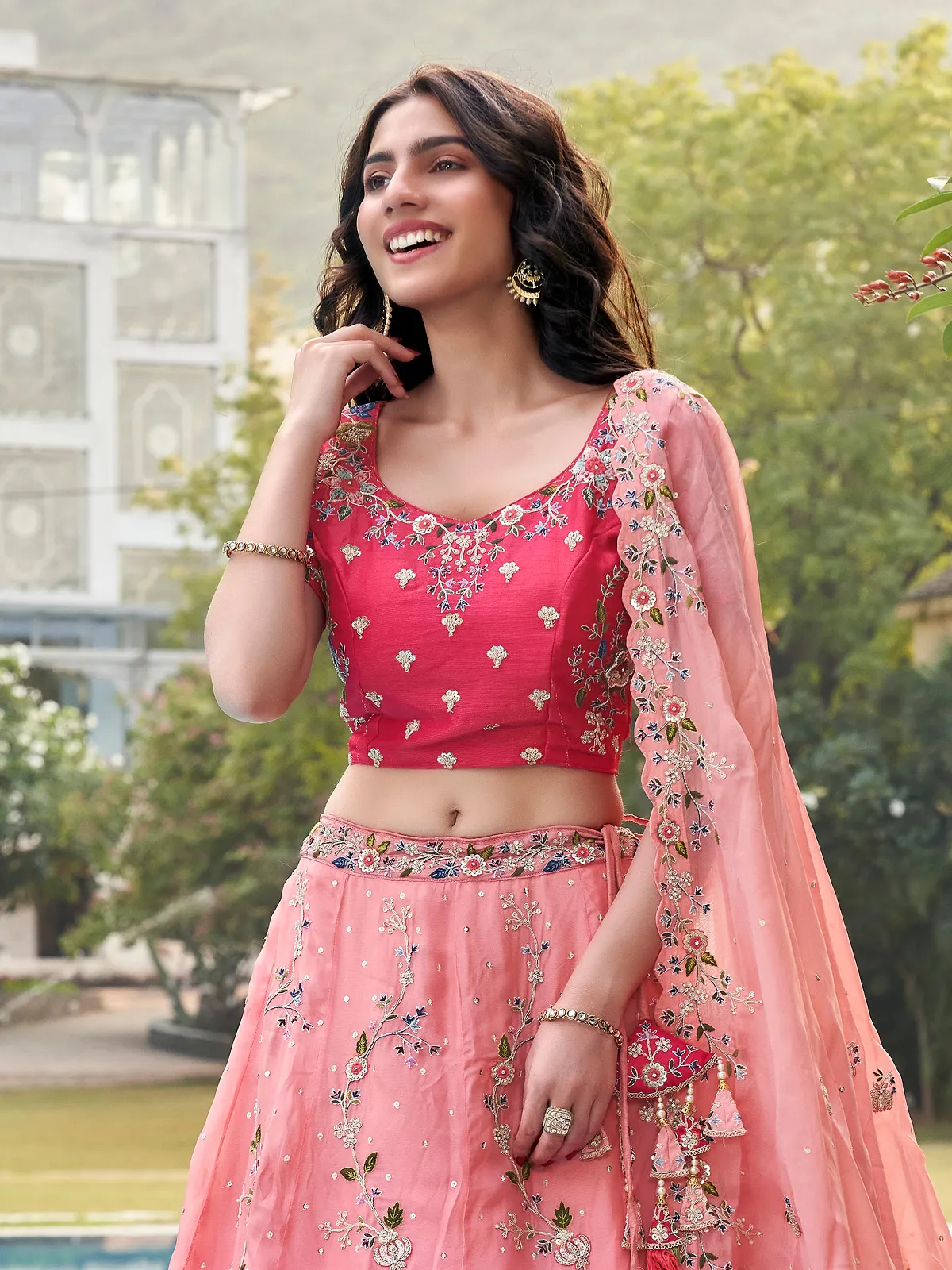 Ombre style pink organza lehenga choli