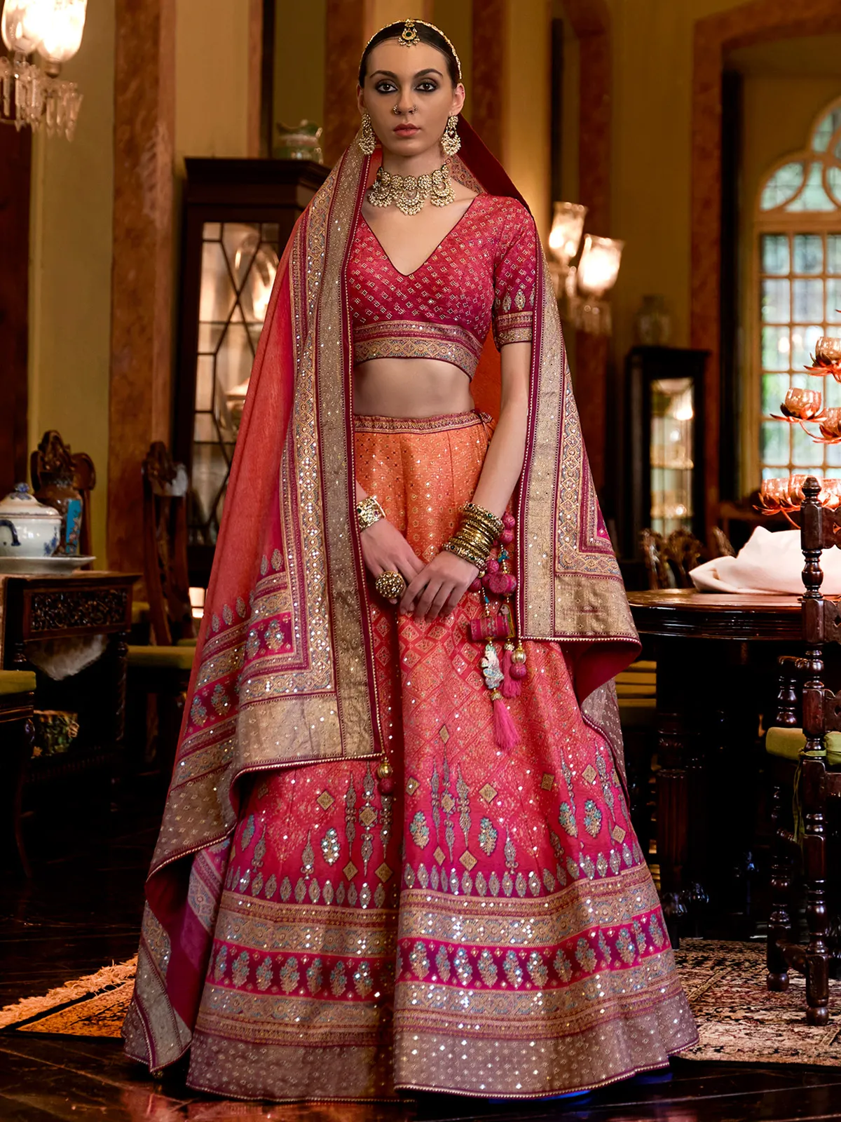 Ombre style pink printed silk lehenga choli