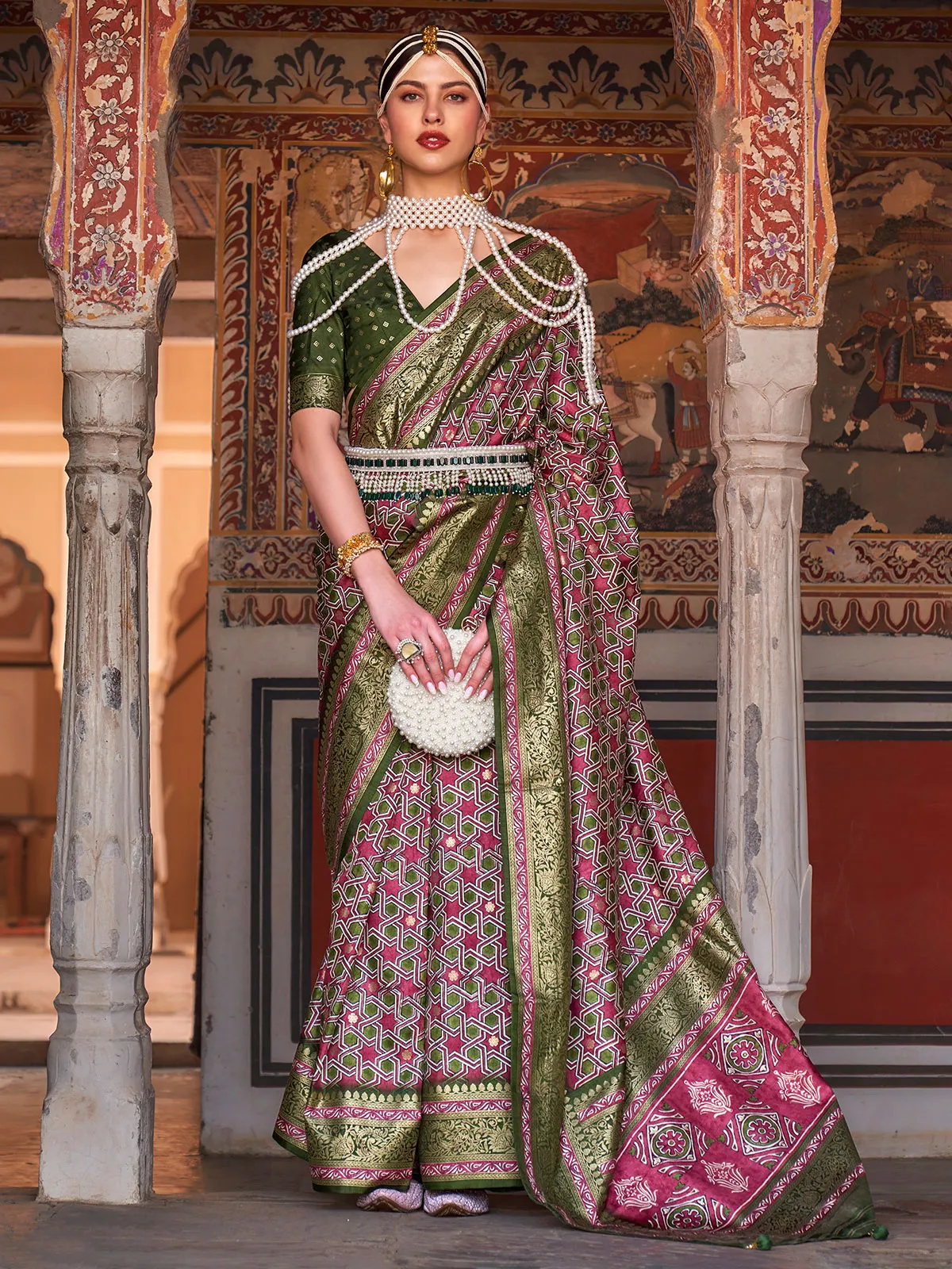 Onion pink and grey silk saree