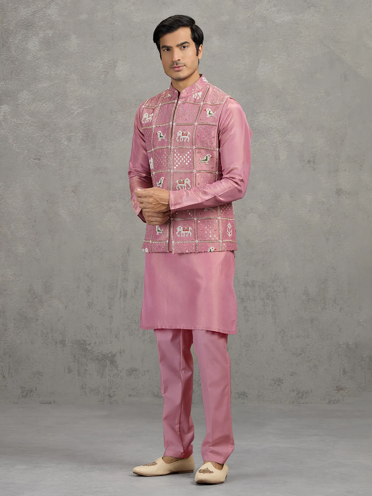 Onion pink art silk waistcoat set