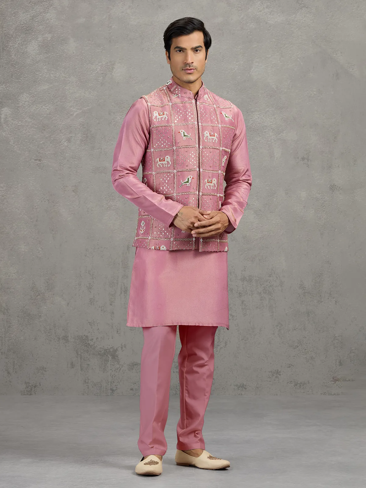 Onion pink art silk waistcoat set