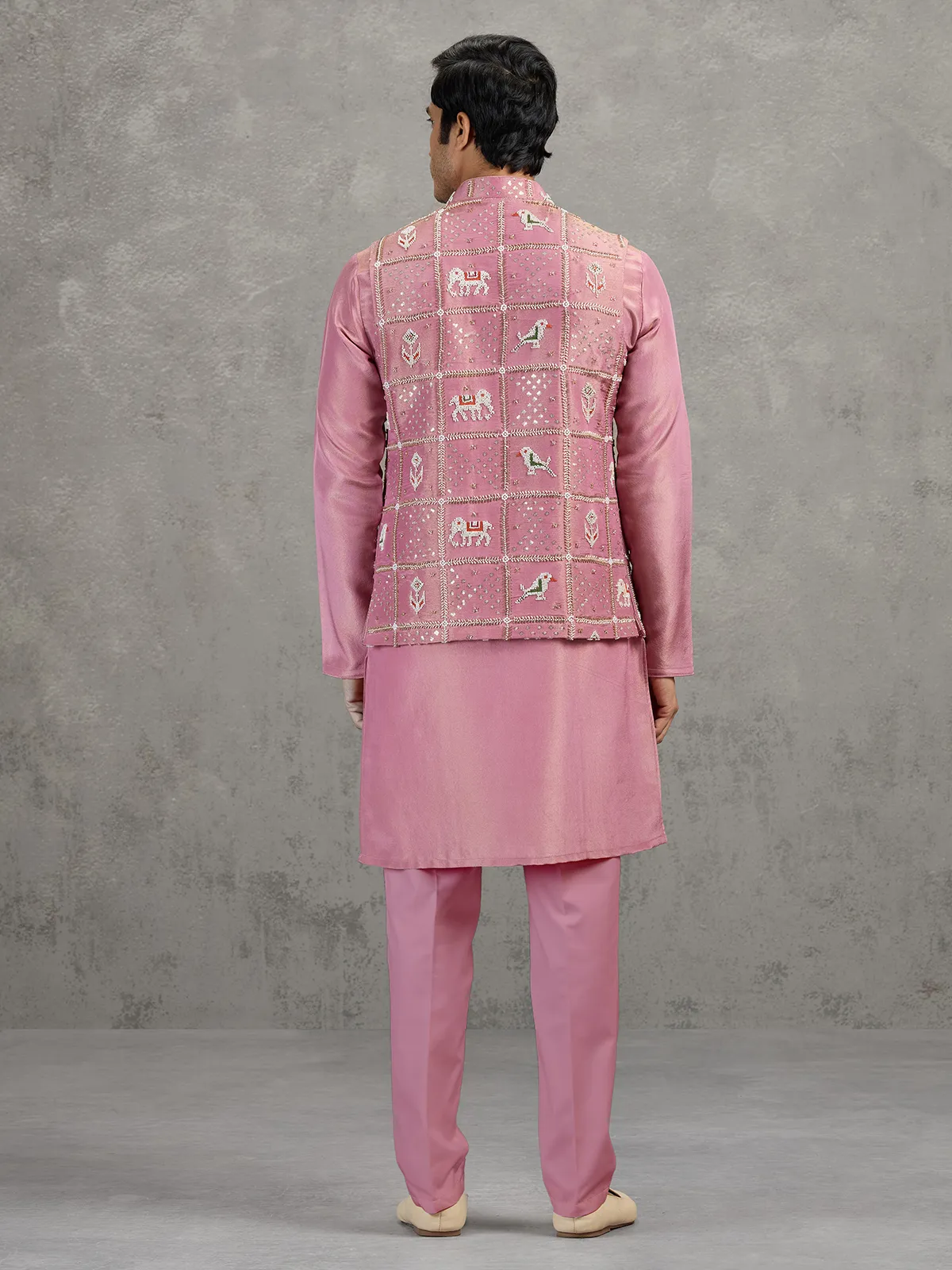 Onion pink art silk waistcoat set