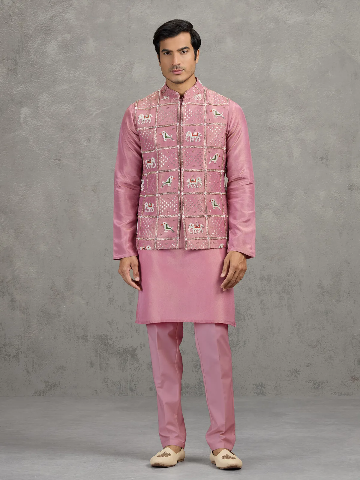 Onion pink art silk waistcoat set