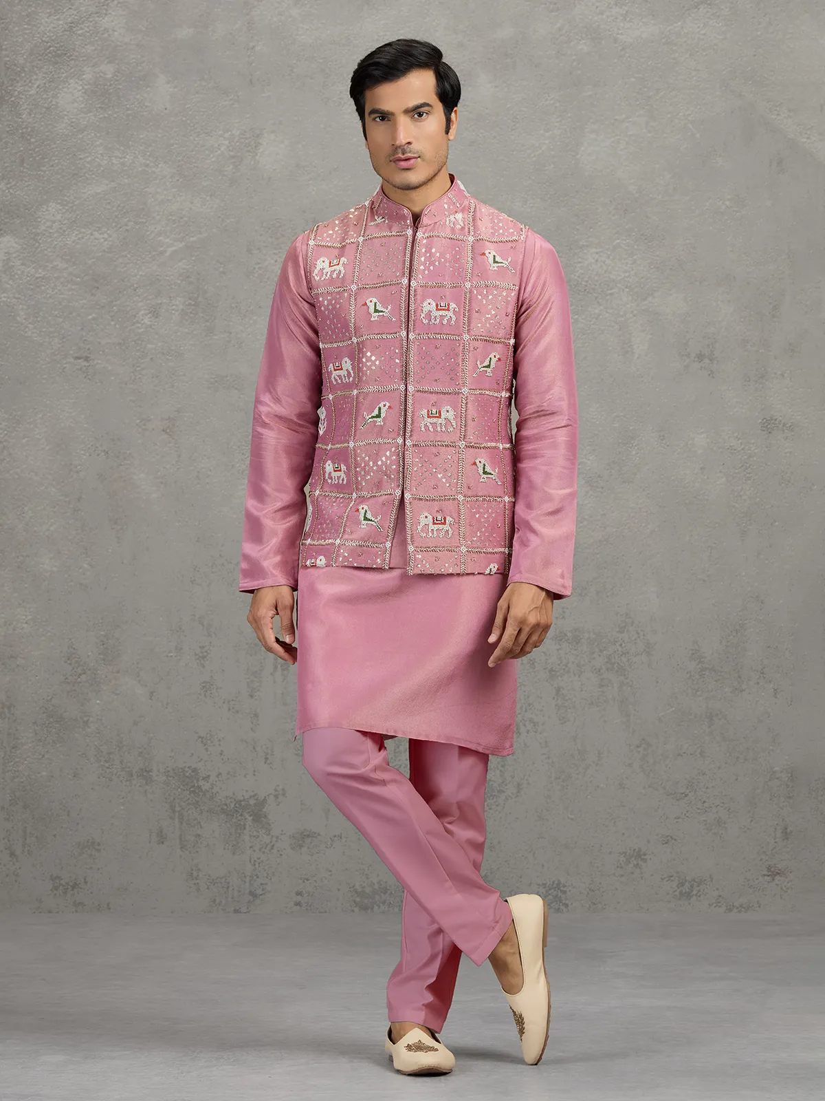 Onion pink art silk waistcoat set