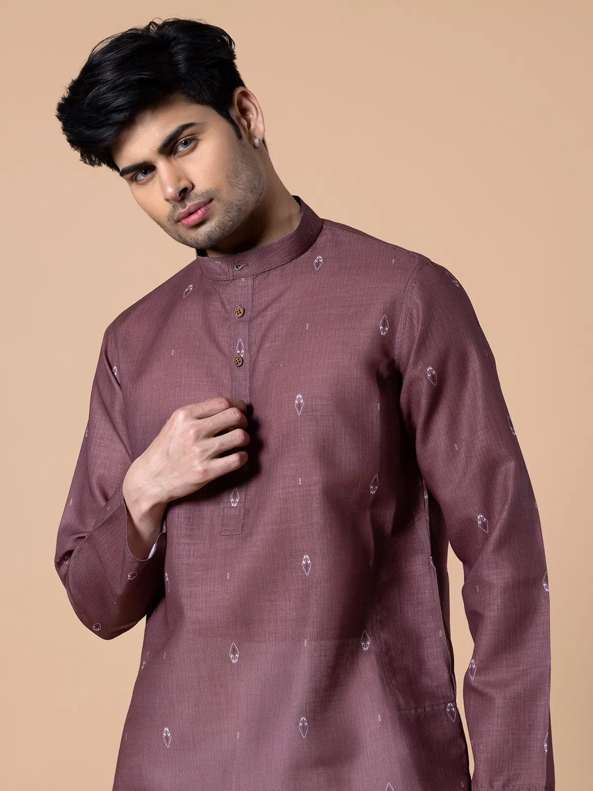 Onion pink cotton printed men kurta set