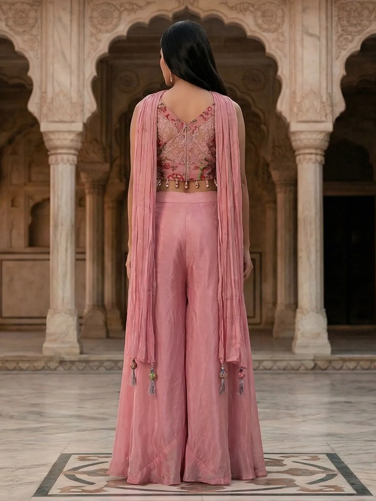 Onion pink crepe silk mirror and aabla festive palazzo suit