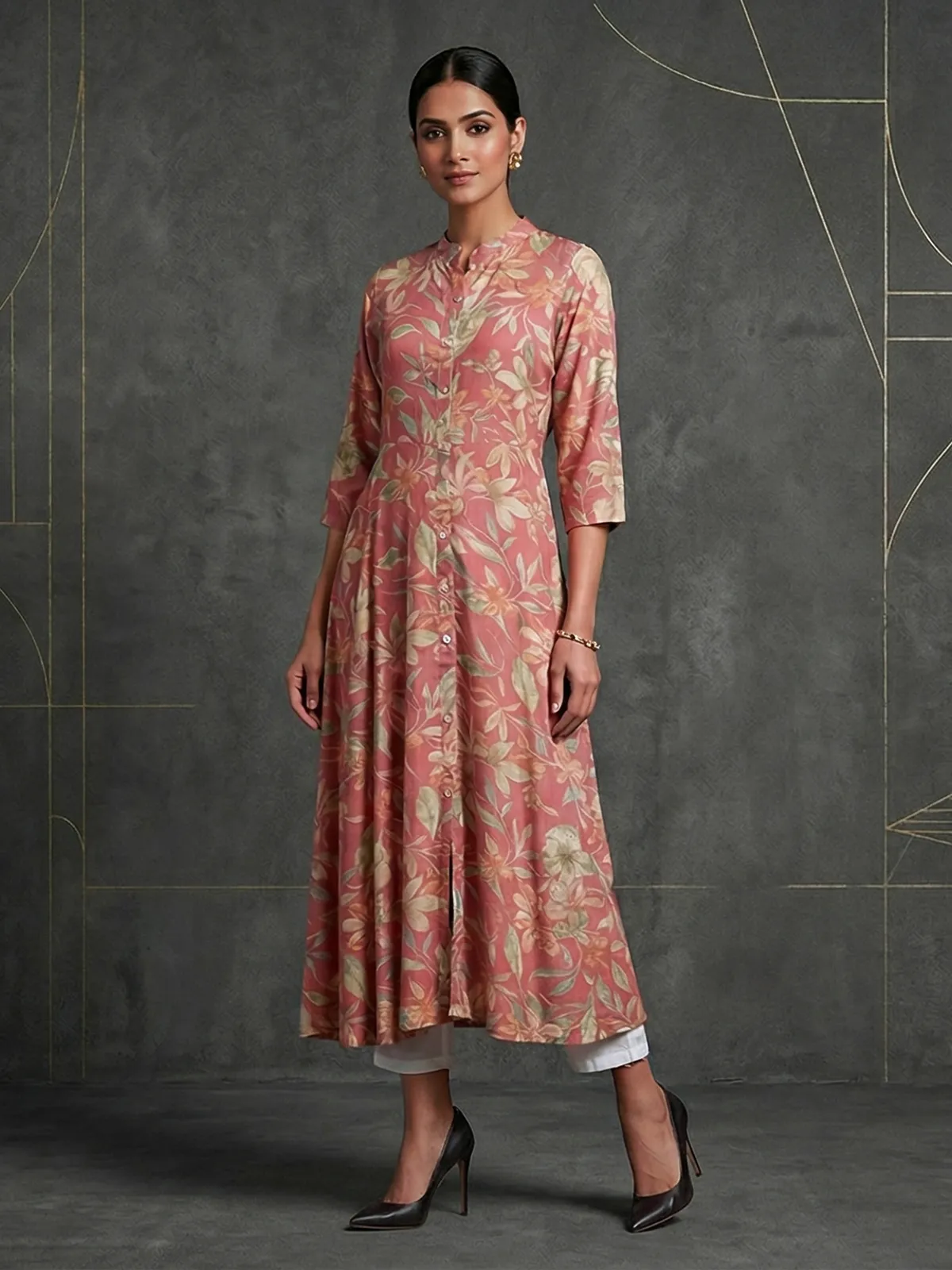 a line kurti dress Cotton Printed A-Line Kurti Set with Embroidered V-Neck & Pocket M/38