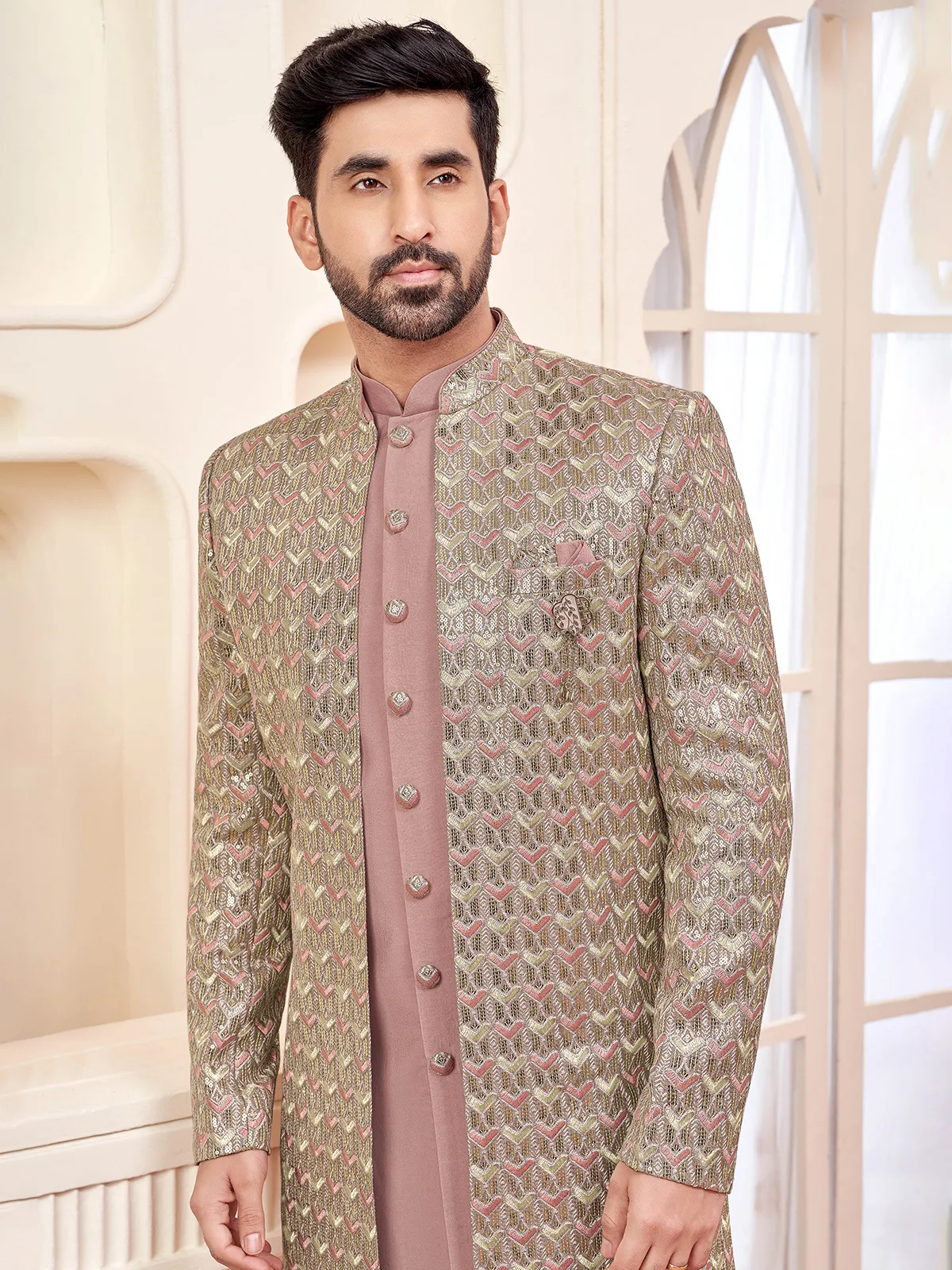 Onion pink indowestern for stylish wedding look