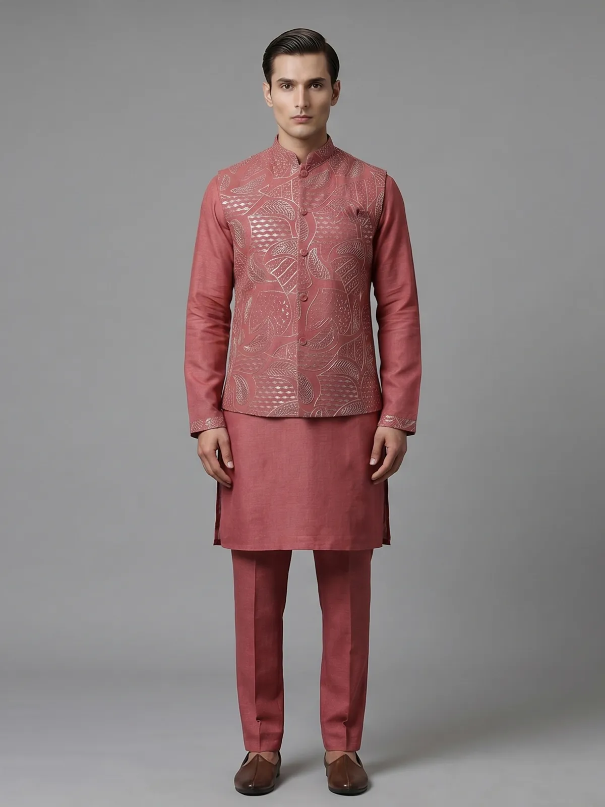 Onion pink linen waistcoat set with sequin work