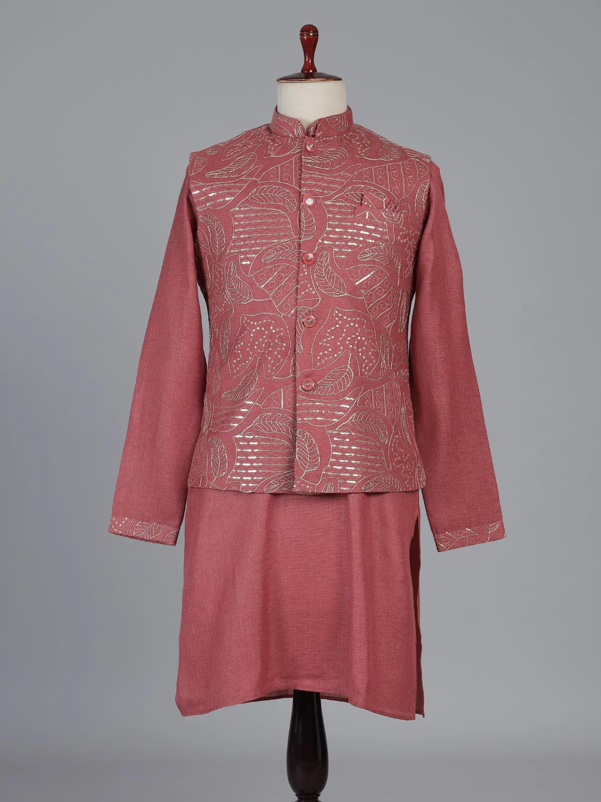 Onion pink linen waistcoat set with sequin work