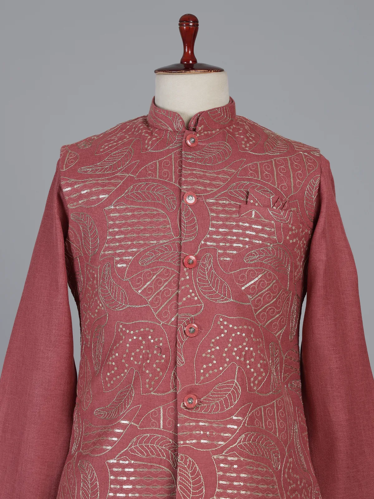 Onion pink linen waistcoat set with sequin work