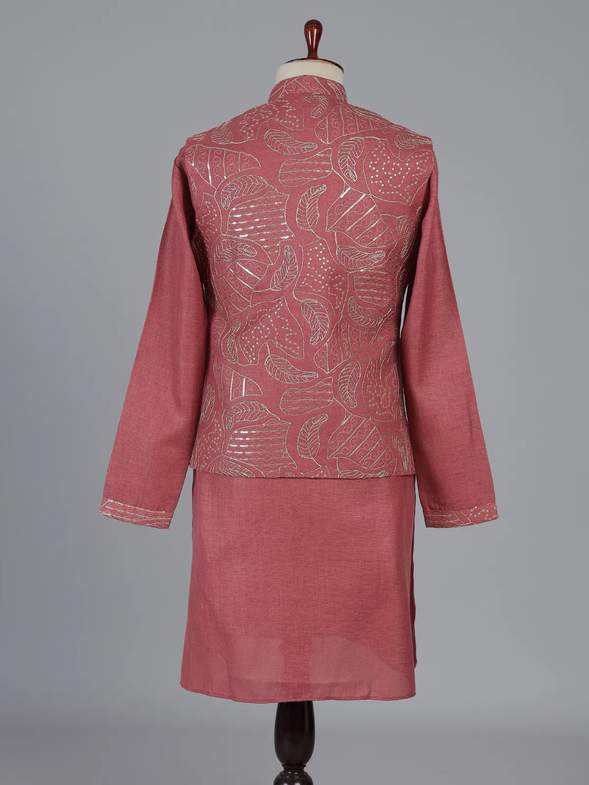 Onion pink linen waistcoat set with sequin work