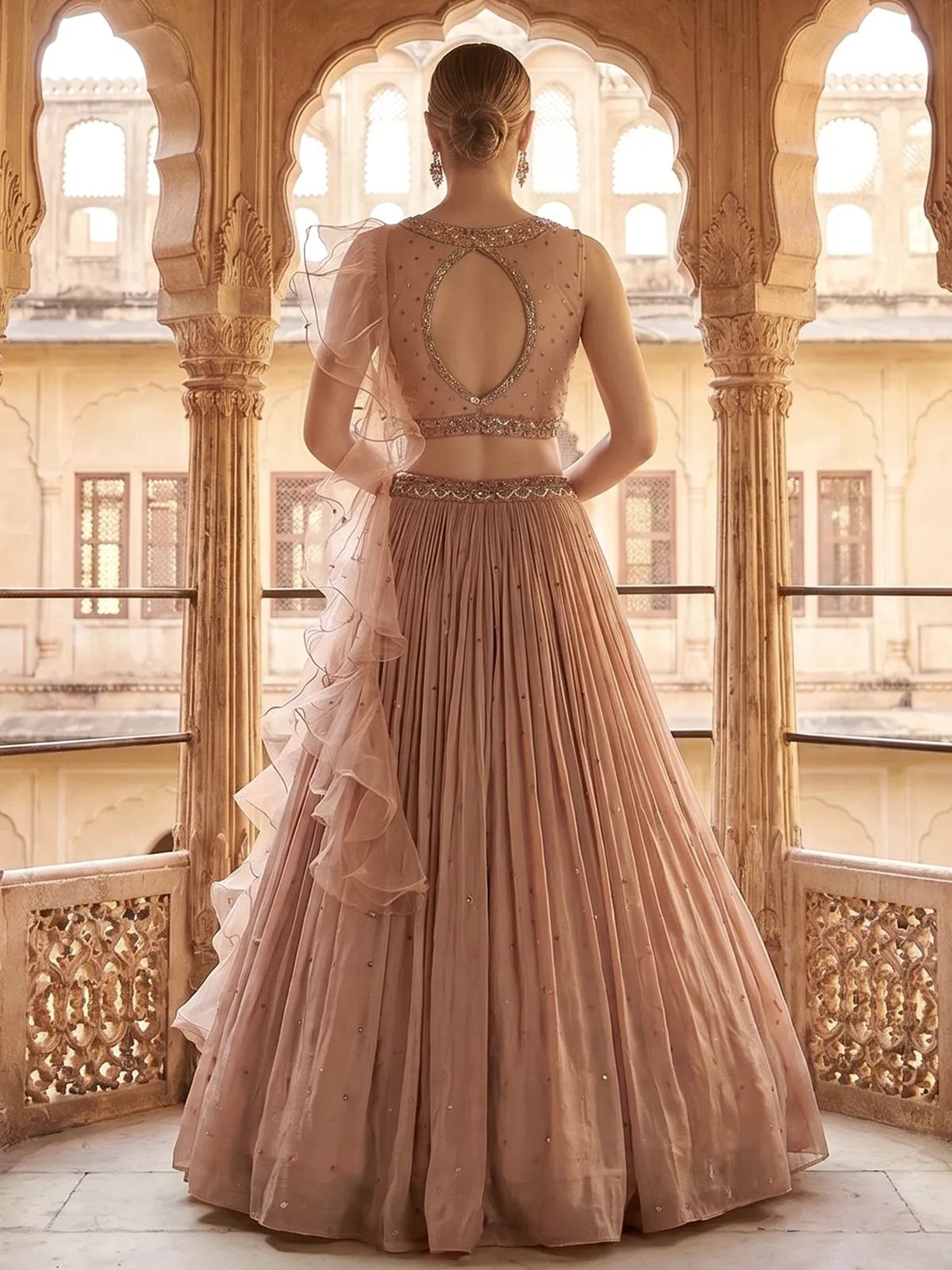 Onion pink party wear lehenga choli with ruffle dupatta